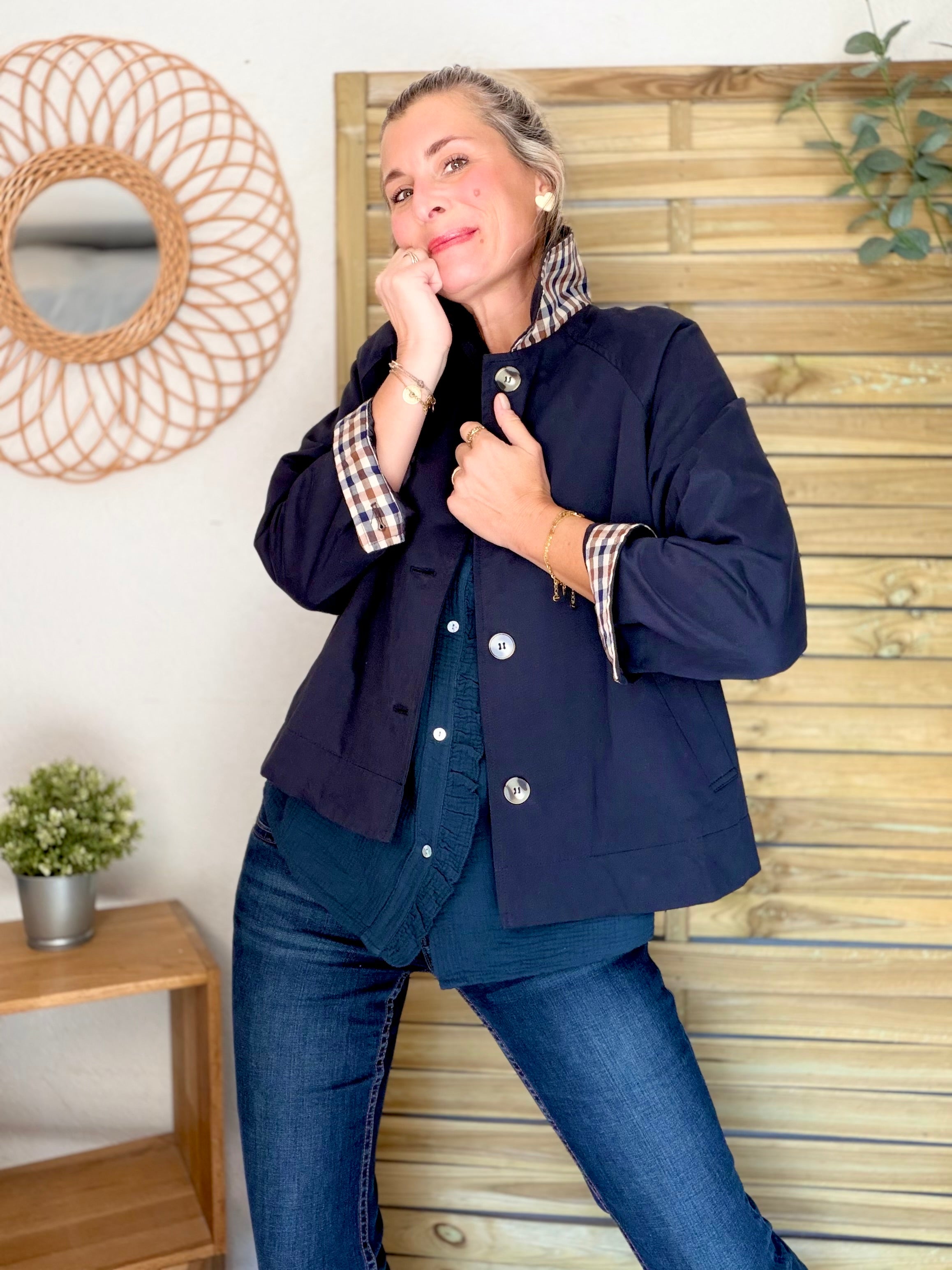 Veste Trench en coton avec carreaux - SOLÈNE Bleu marine