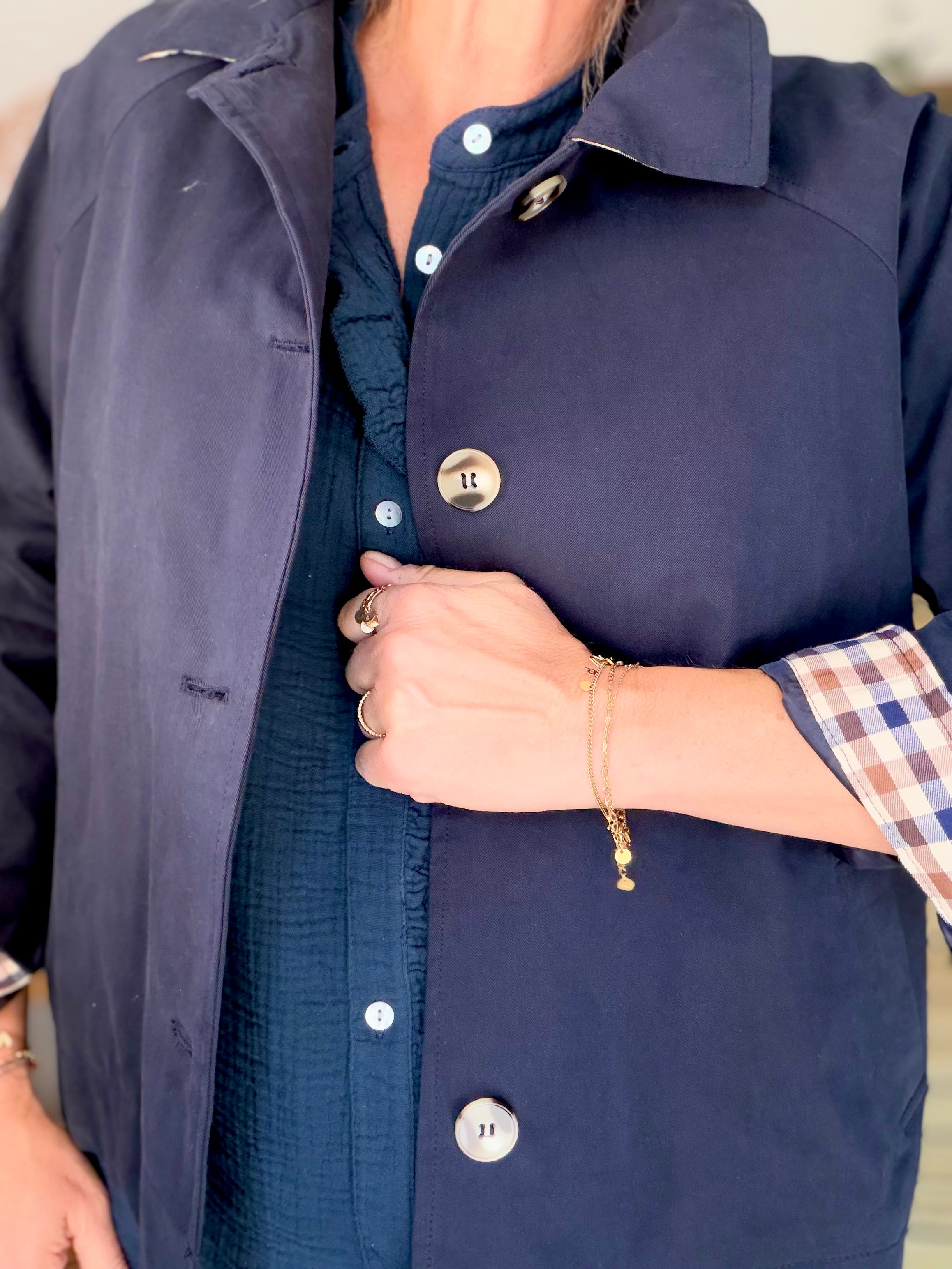 Veste Trench en coton avec carreaux - SOLÈNE Bleu marine