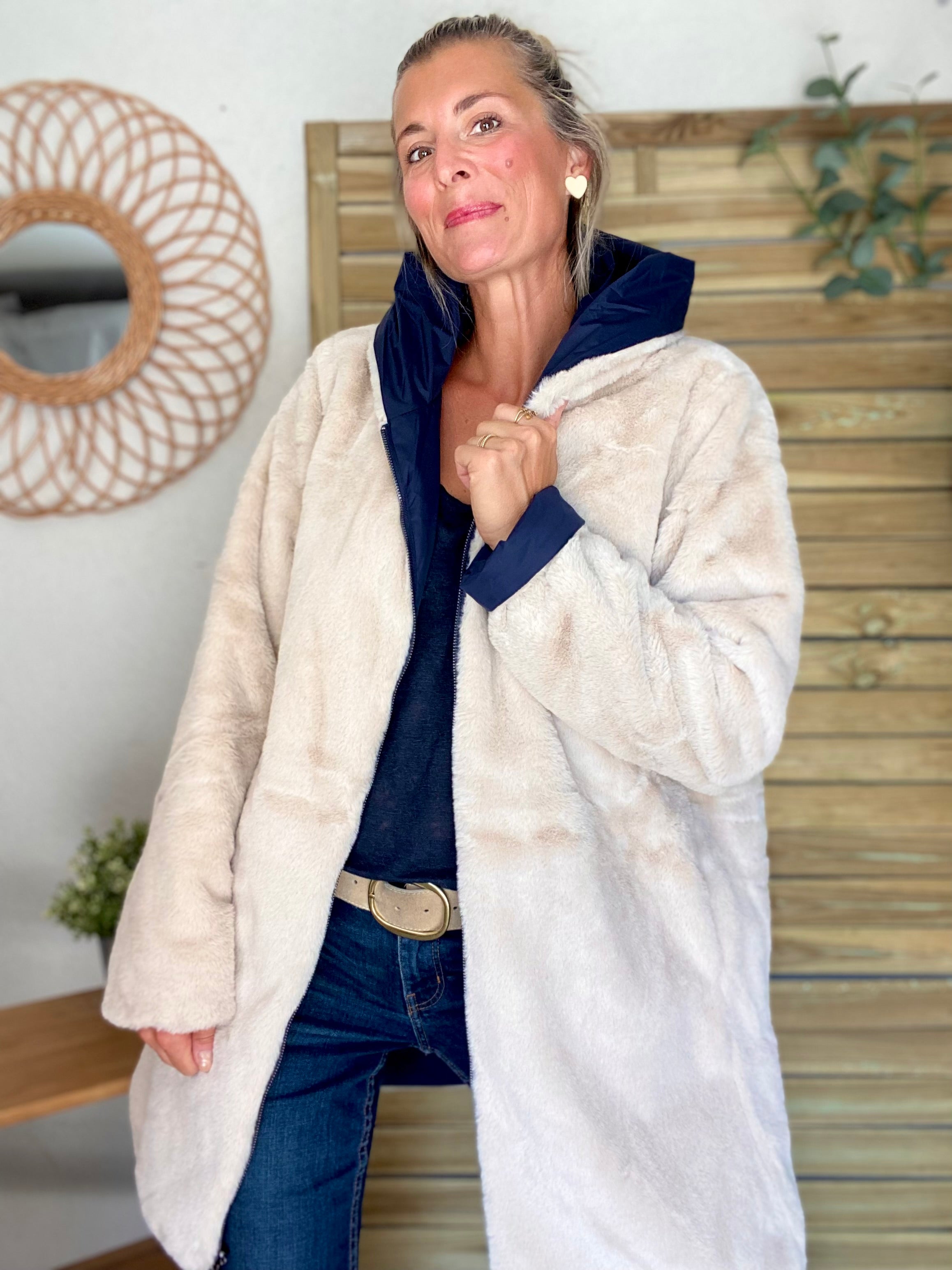 Parka Imperméable réversible fourrée Bleu marine / Beige ALIX - LAURA JO