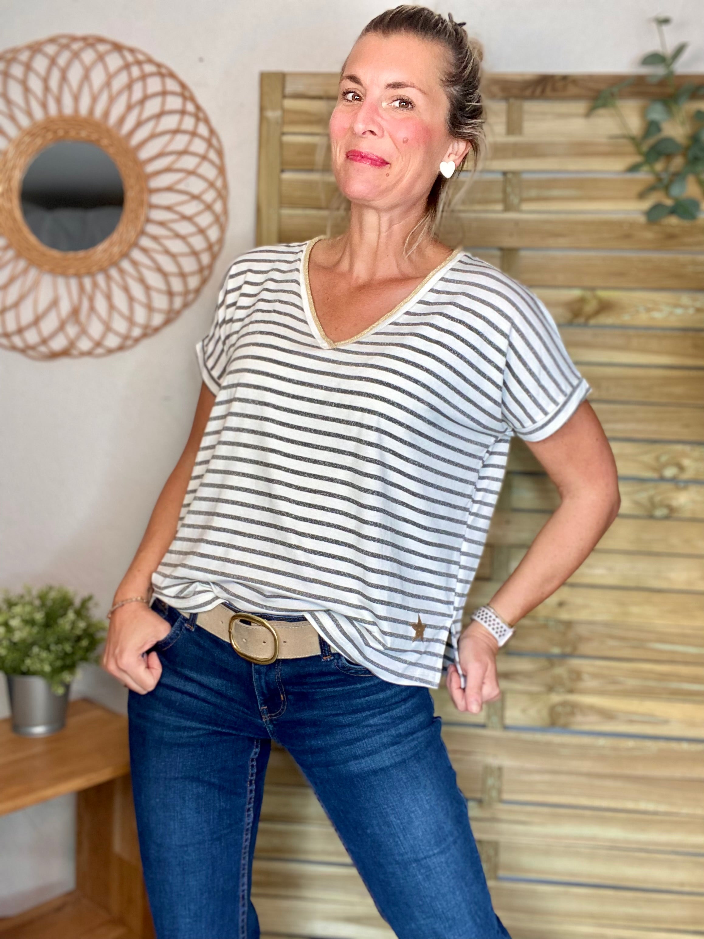 Top rayé col V avec étoile ⭐️ NAOMI - Argent
