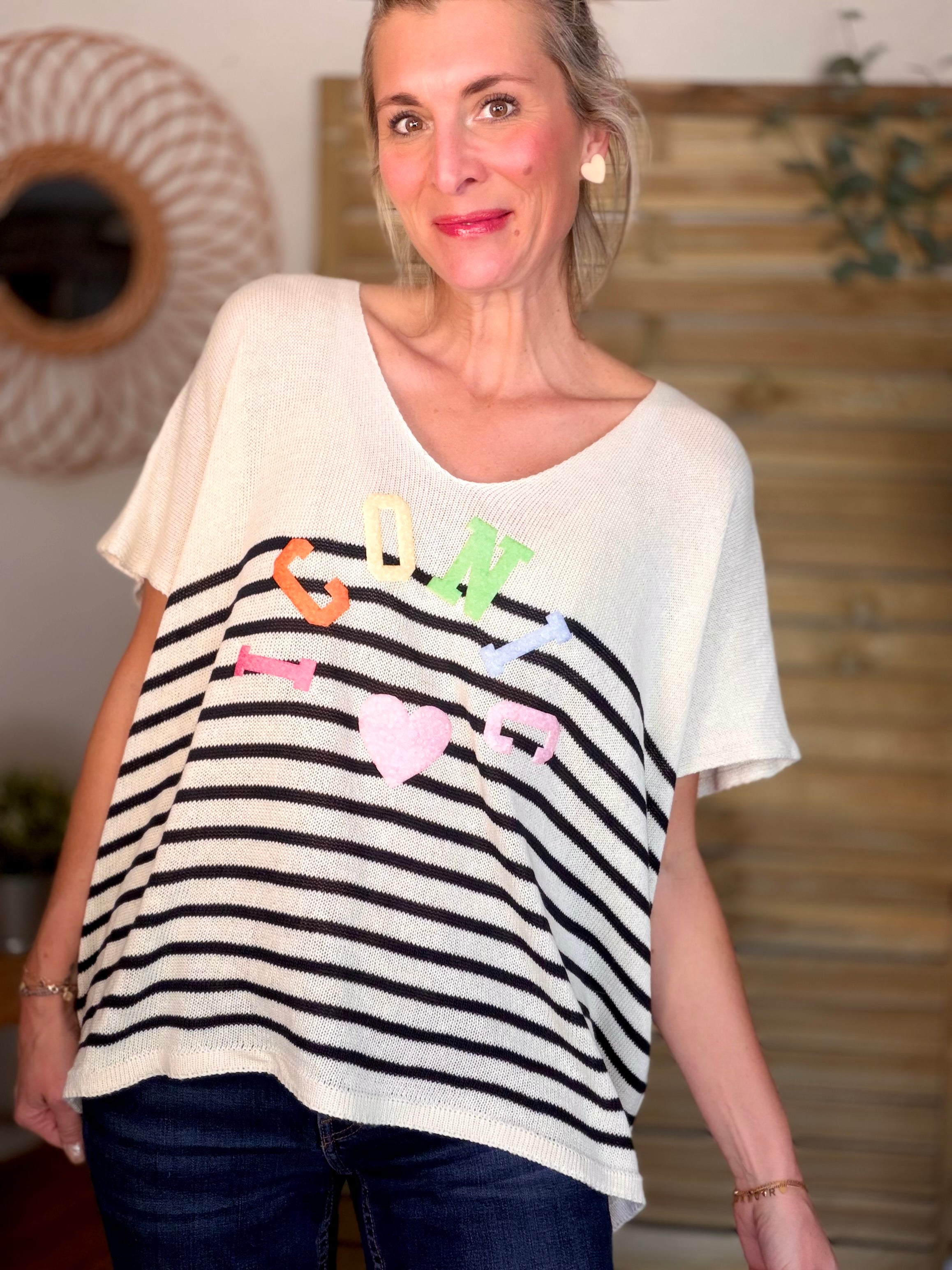 Top col V en maille rayé oversized ICONIC ANISSA Bleu marine