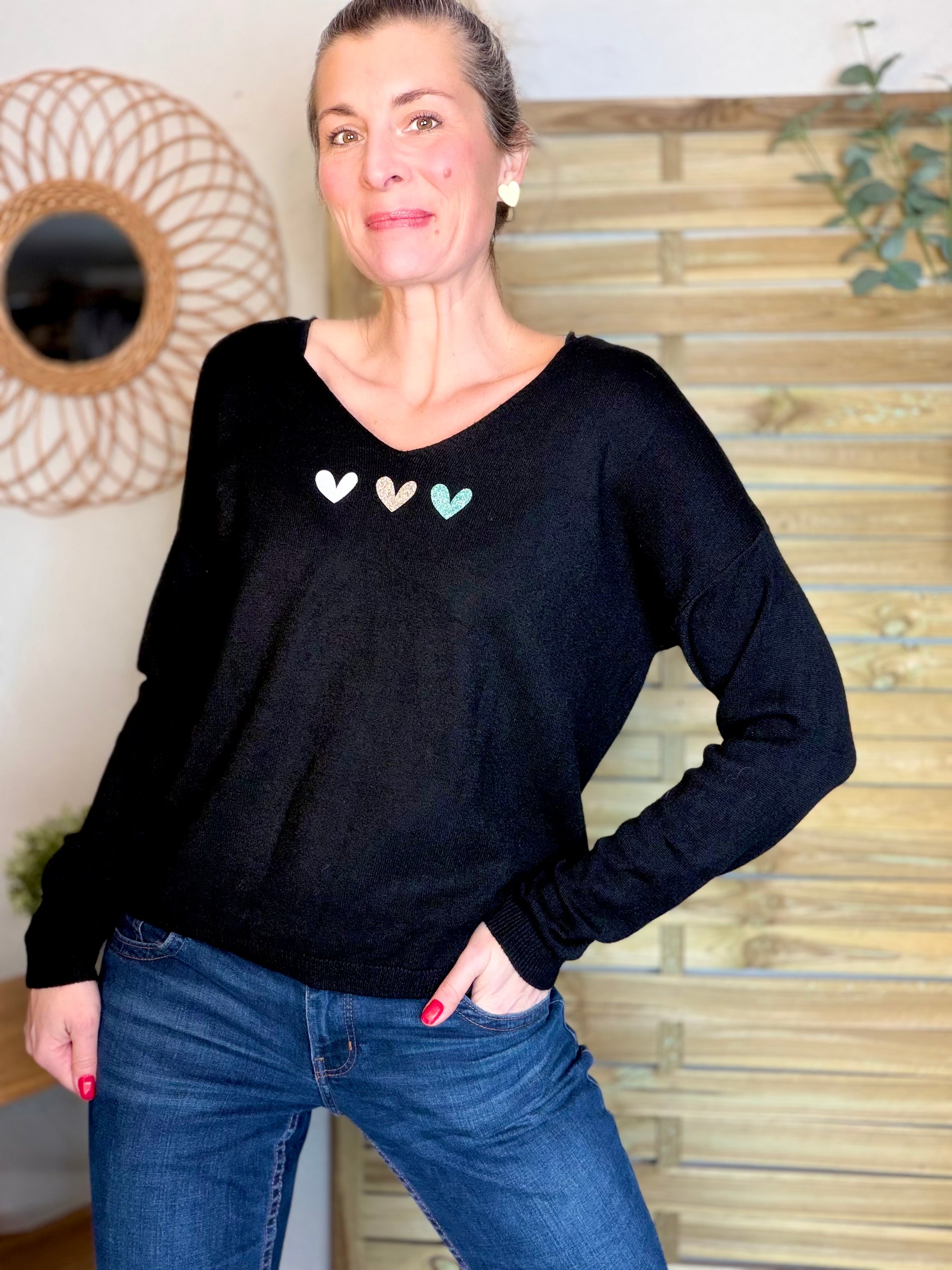 Pull fin 3 cœurs 💛 BERTILLE - Noir