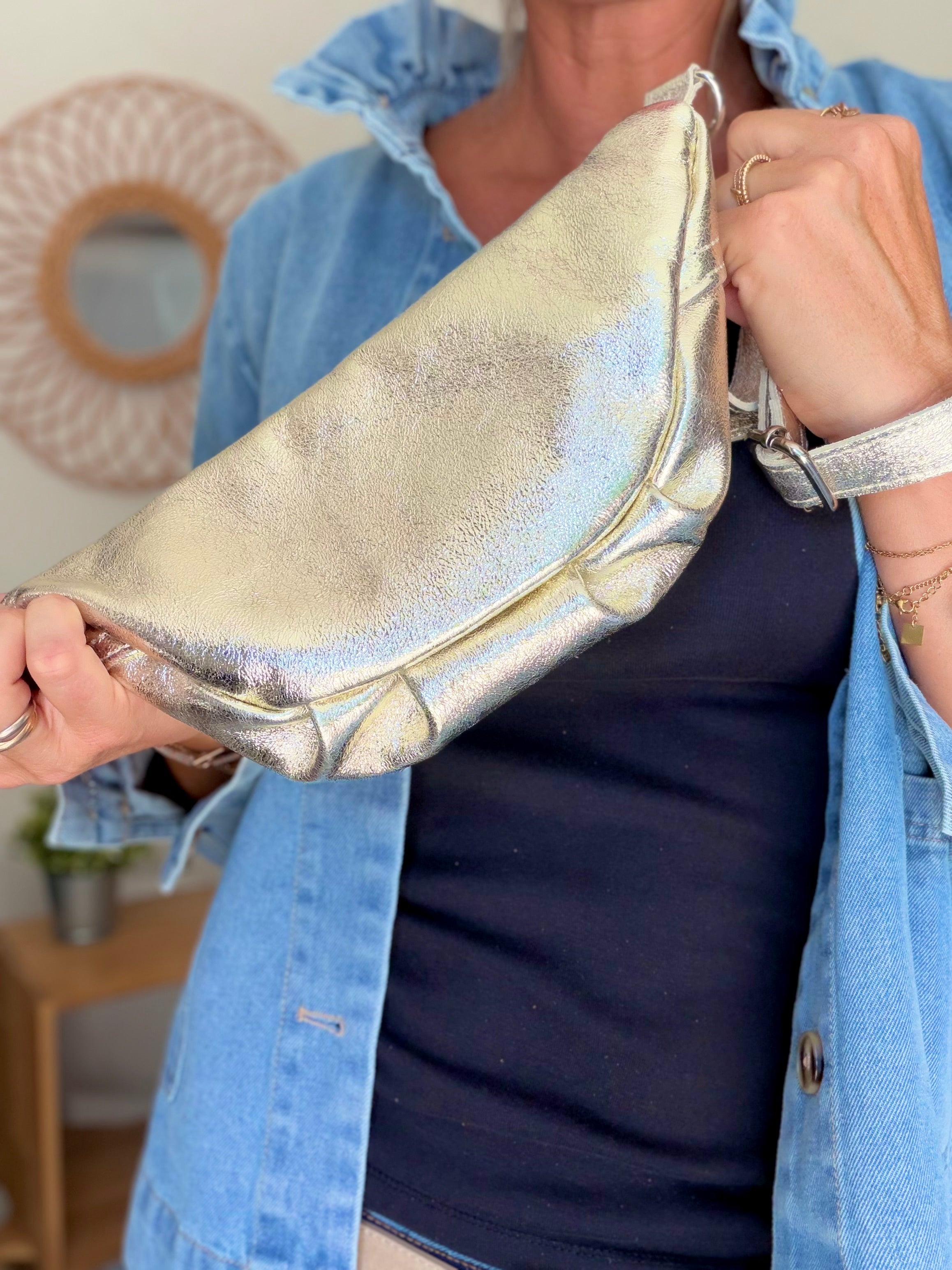 Sac banane en cuir irisé double poche - OPALE - Doré / argent