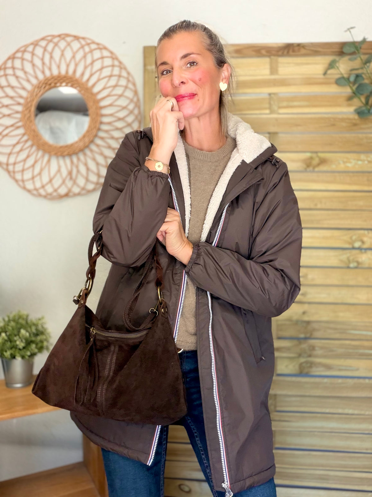 Sac hobo en cuir daim souple, double bandoulière ANDREW Chocolat