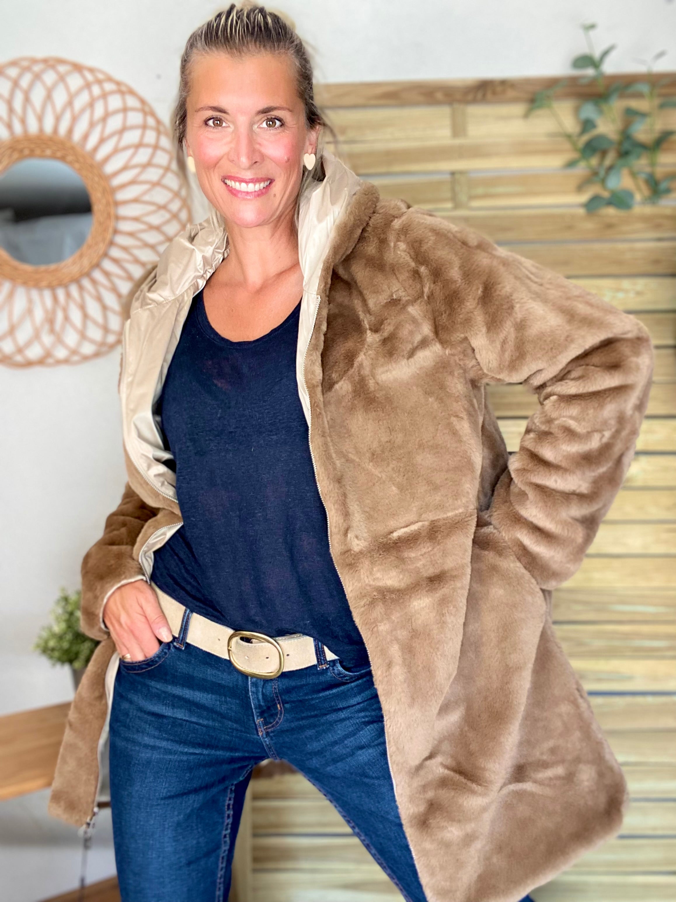Parka Imperméable réversible fourrée Sable irisé / Camel ALIX - LAURA JO