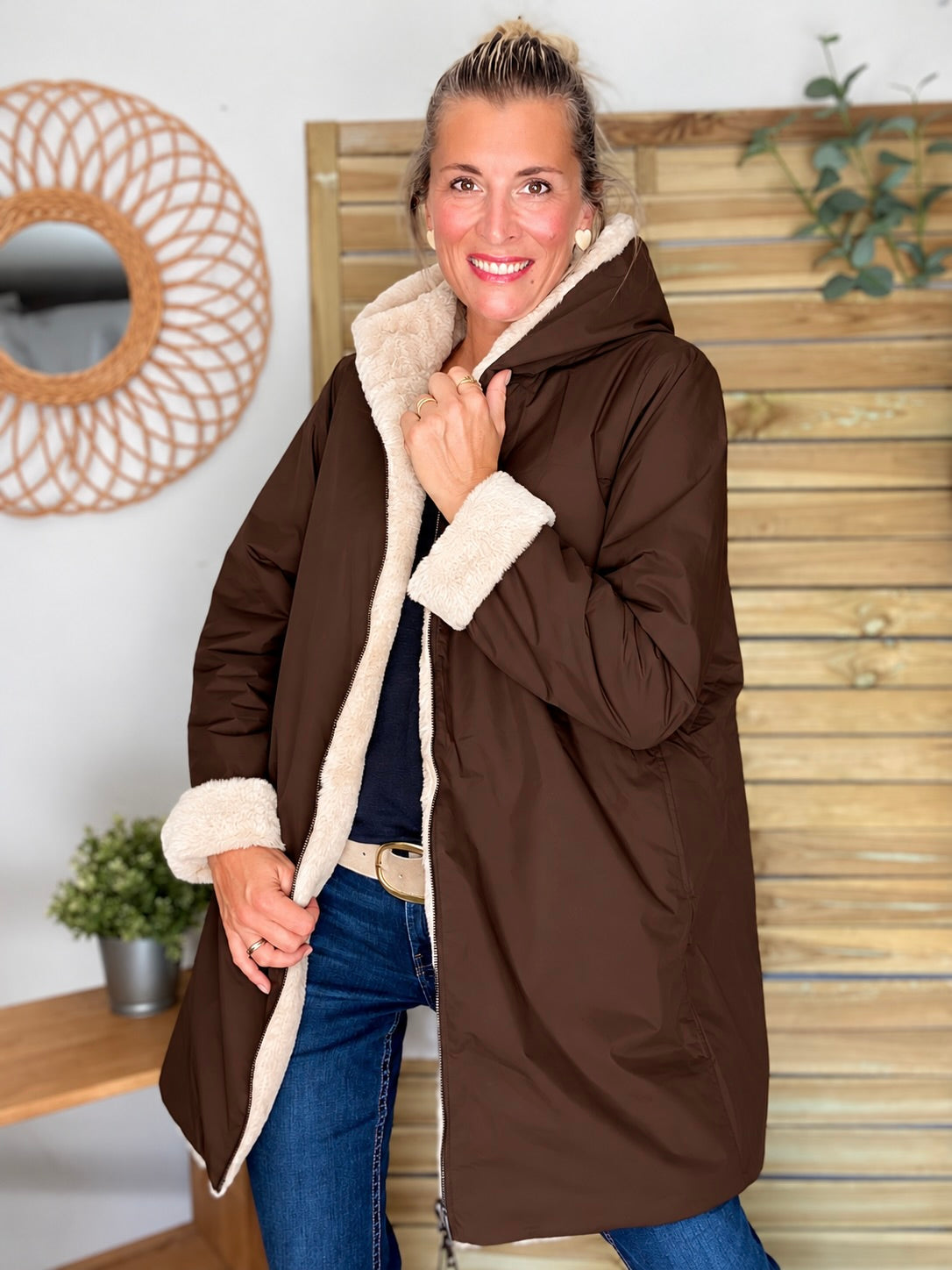 LAURA JO - Parka Imperméable réversible fourrée Chocolat ALIX Long