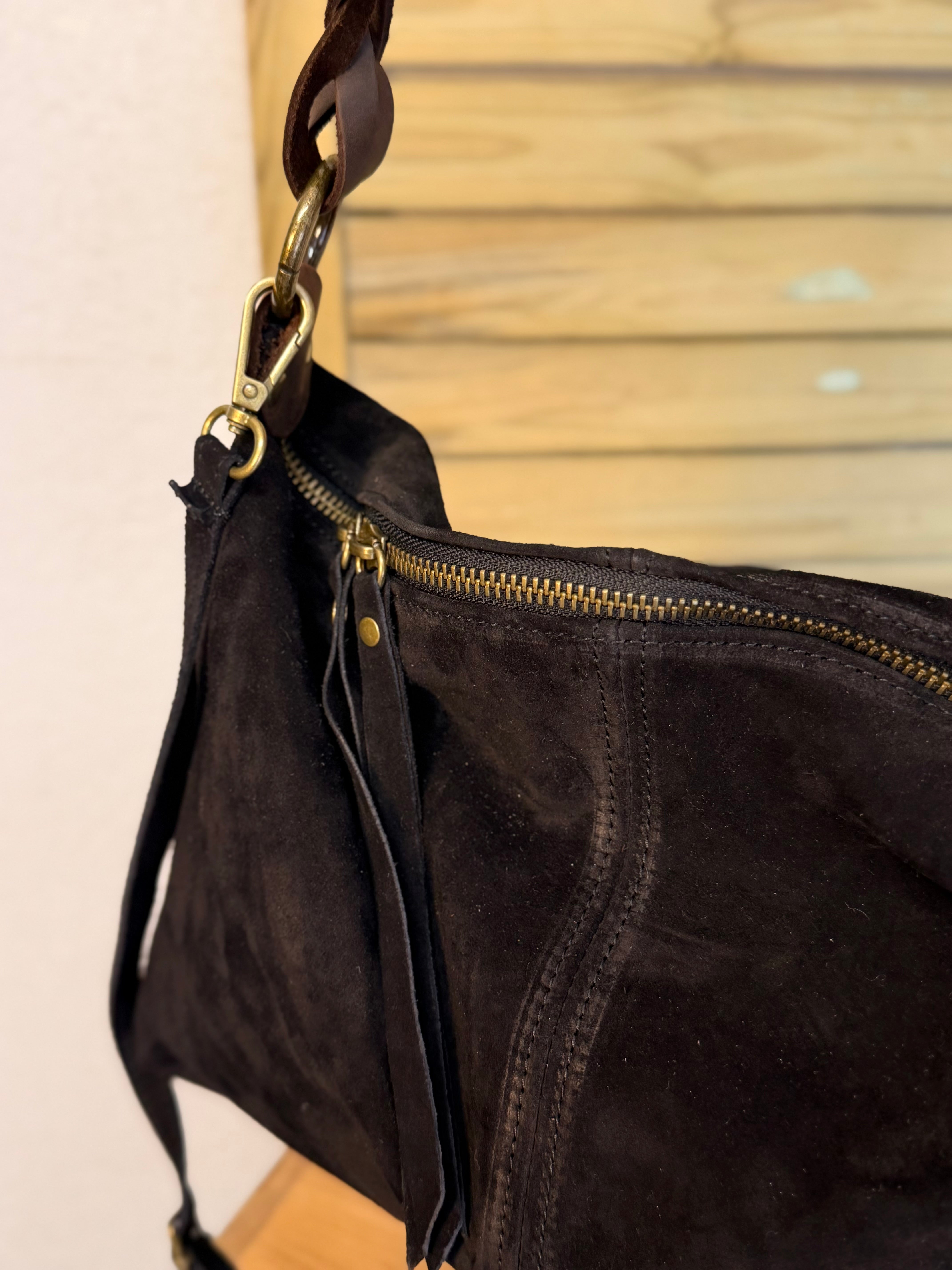 Sac hobo en cuir daim souple, double bandoulière ANDREW Noir