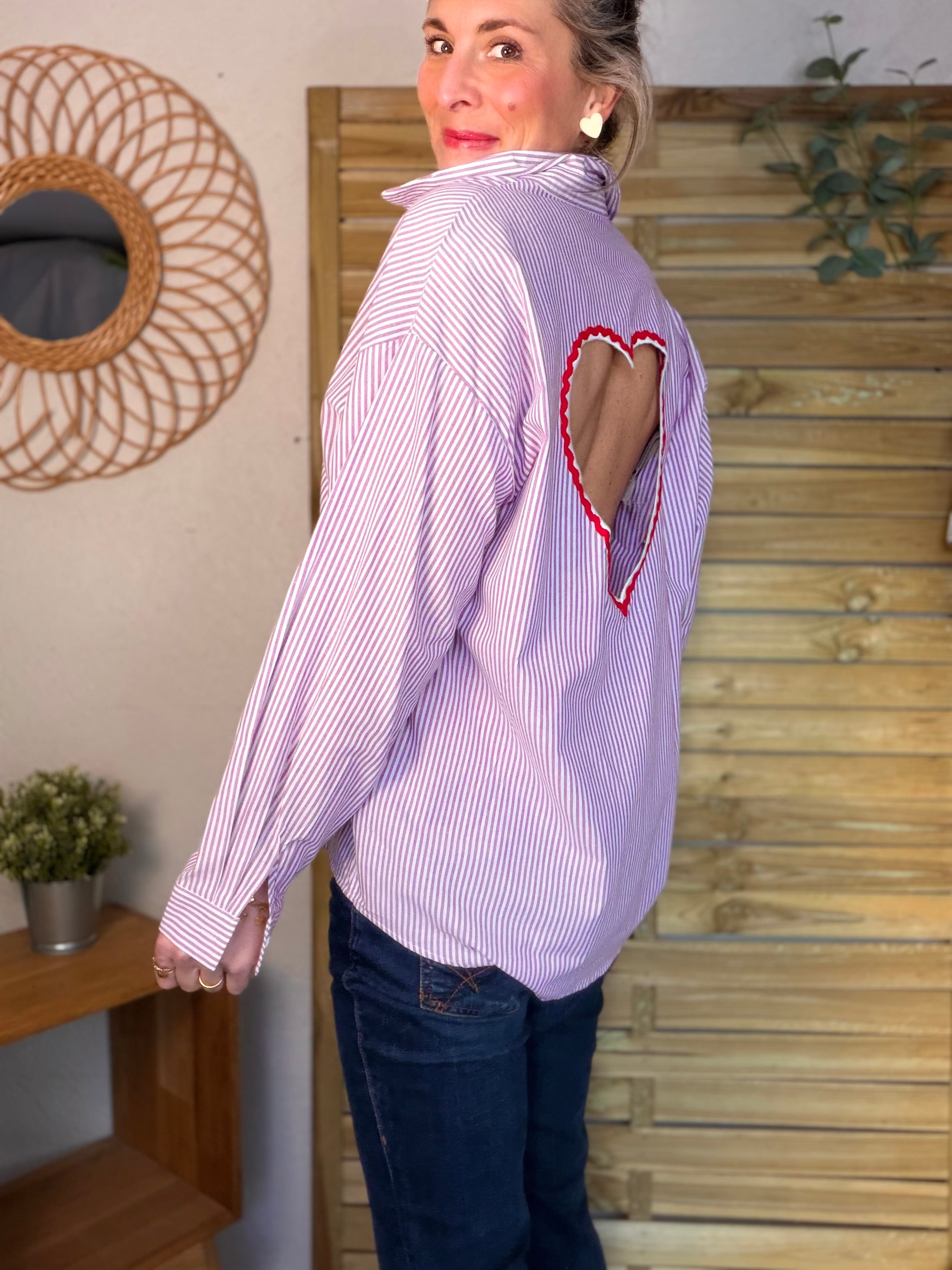 Chemise rayée rose cerise cœur ajouré dos ❤️ AMANDA