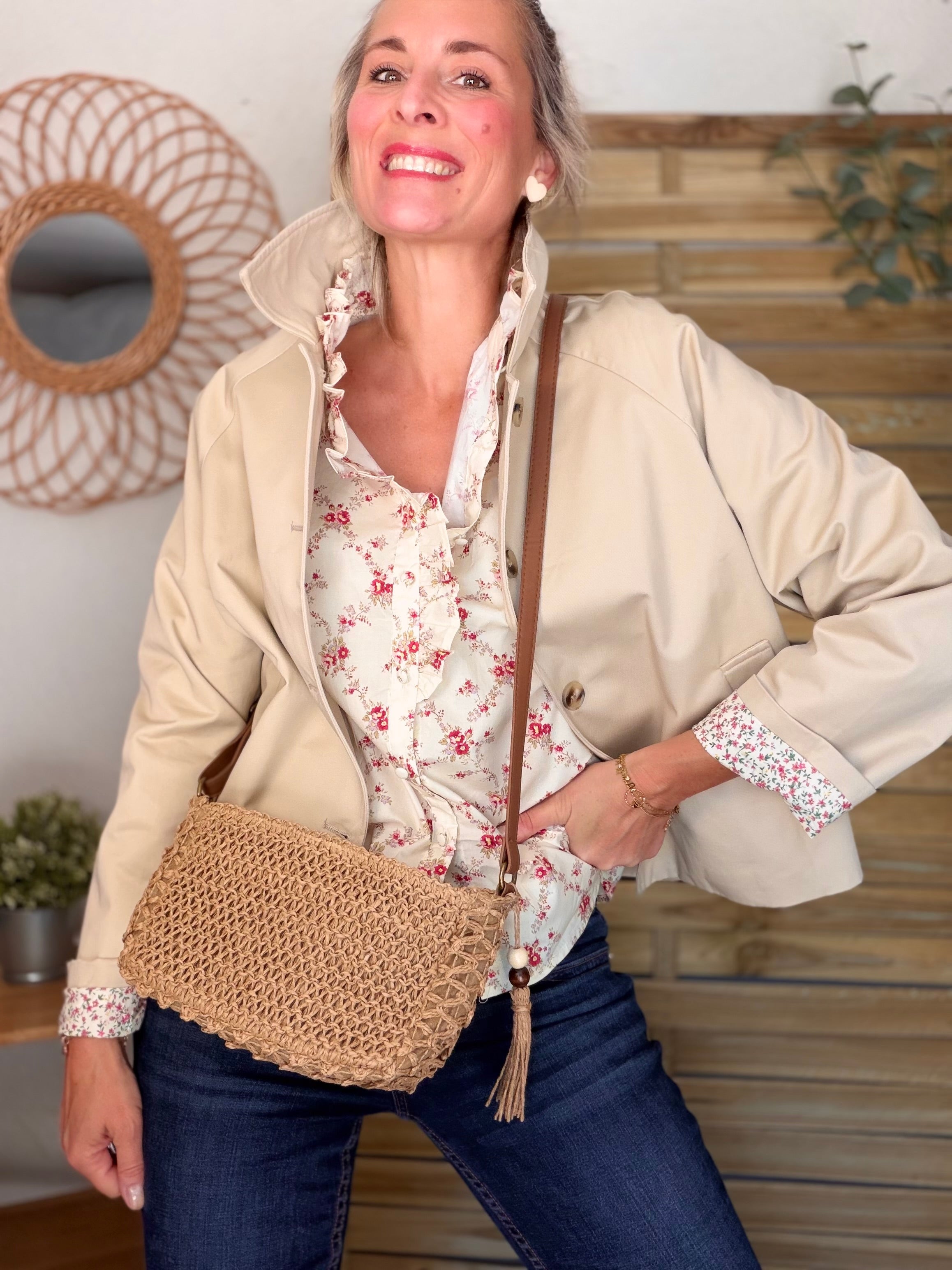 Sac pochette en raphia CORA Camel