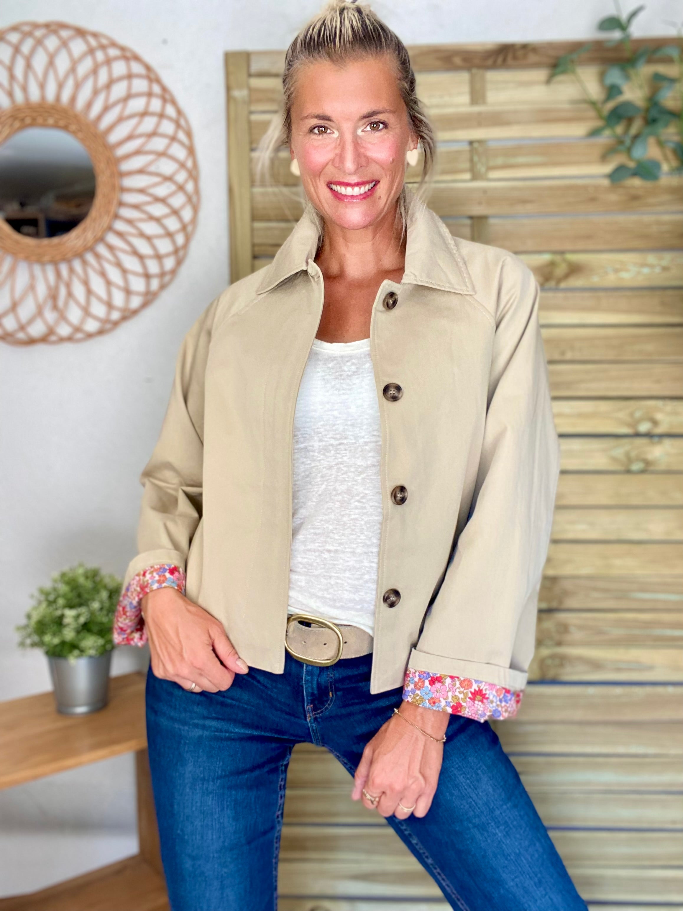 Veste Trench en coton beige avec Liberty - MAHAUT