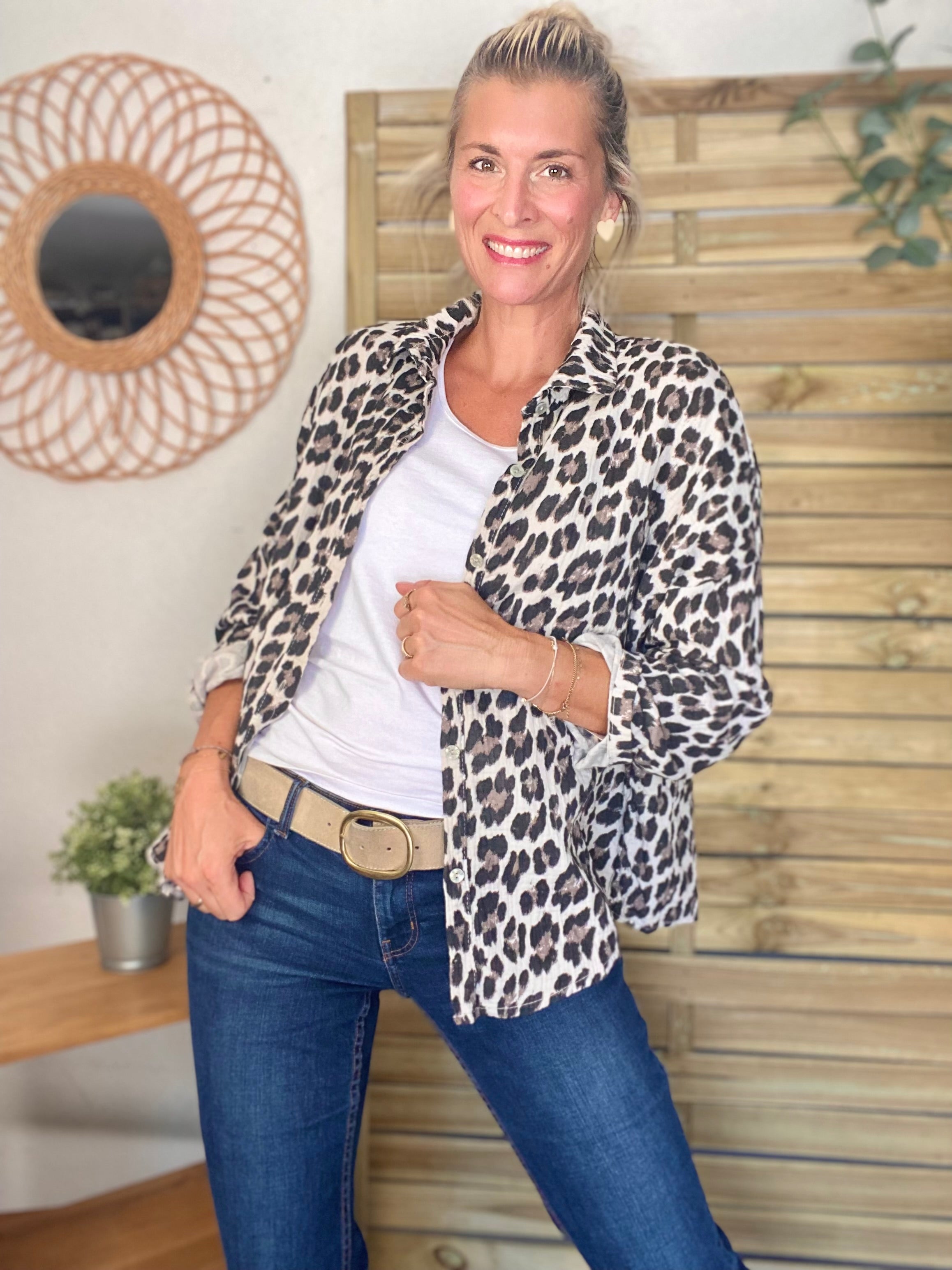 Chemise en gaze de coton imprimé Léo MARCIA - Beige / Taupe