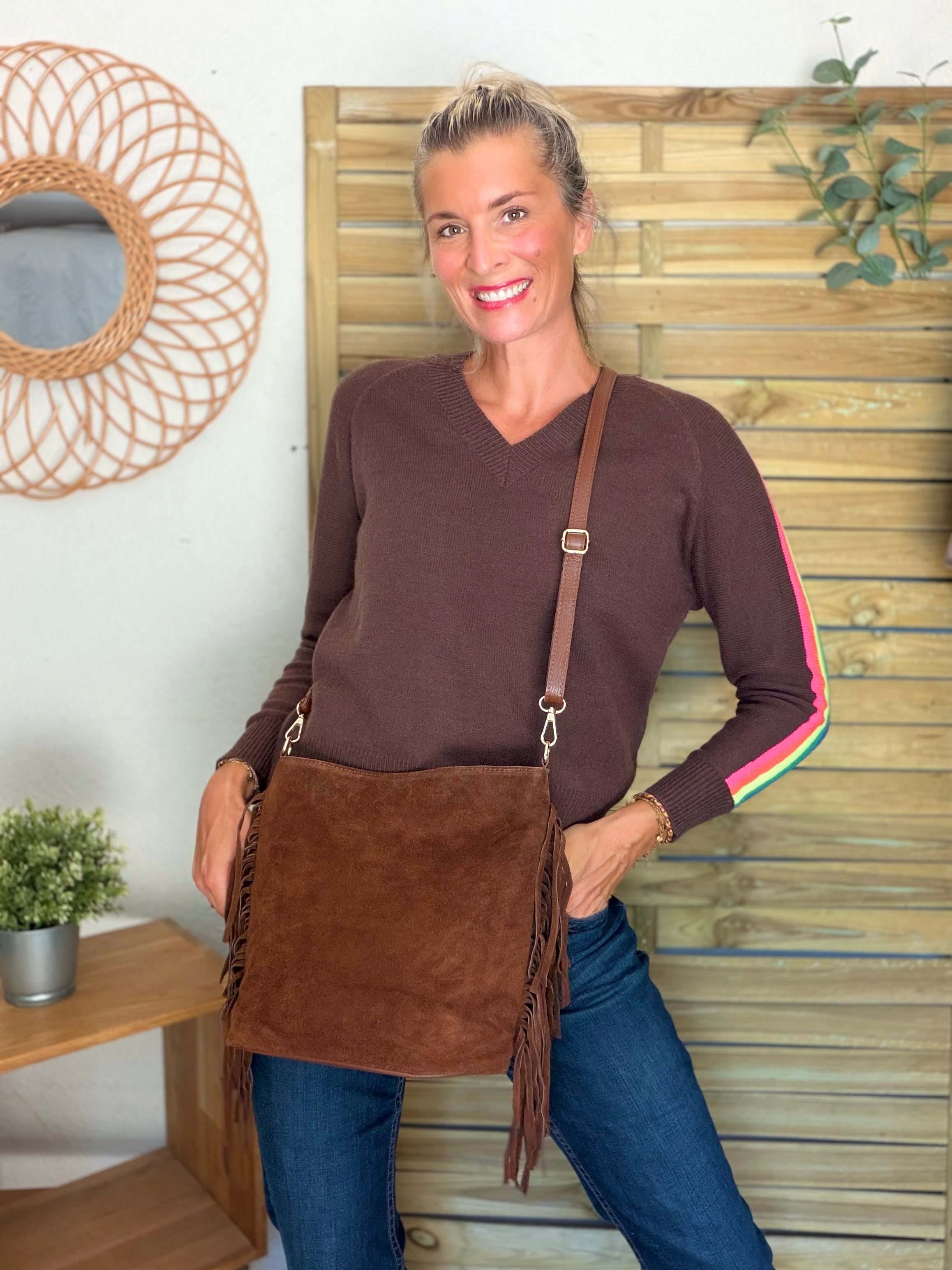 Sac seau en cuir daim avec franges KYLIE - Camel foncé (Café)