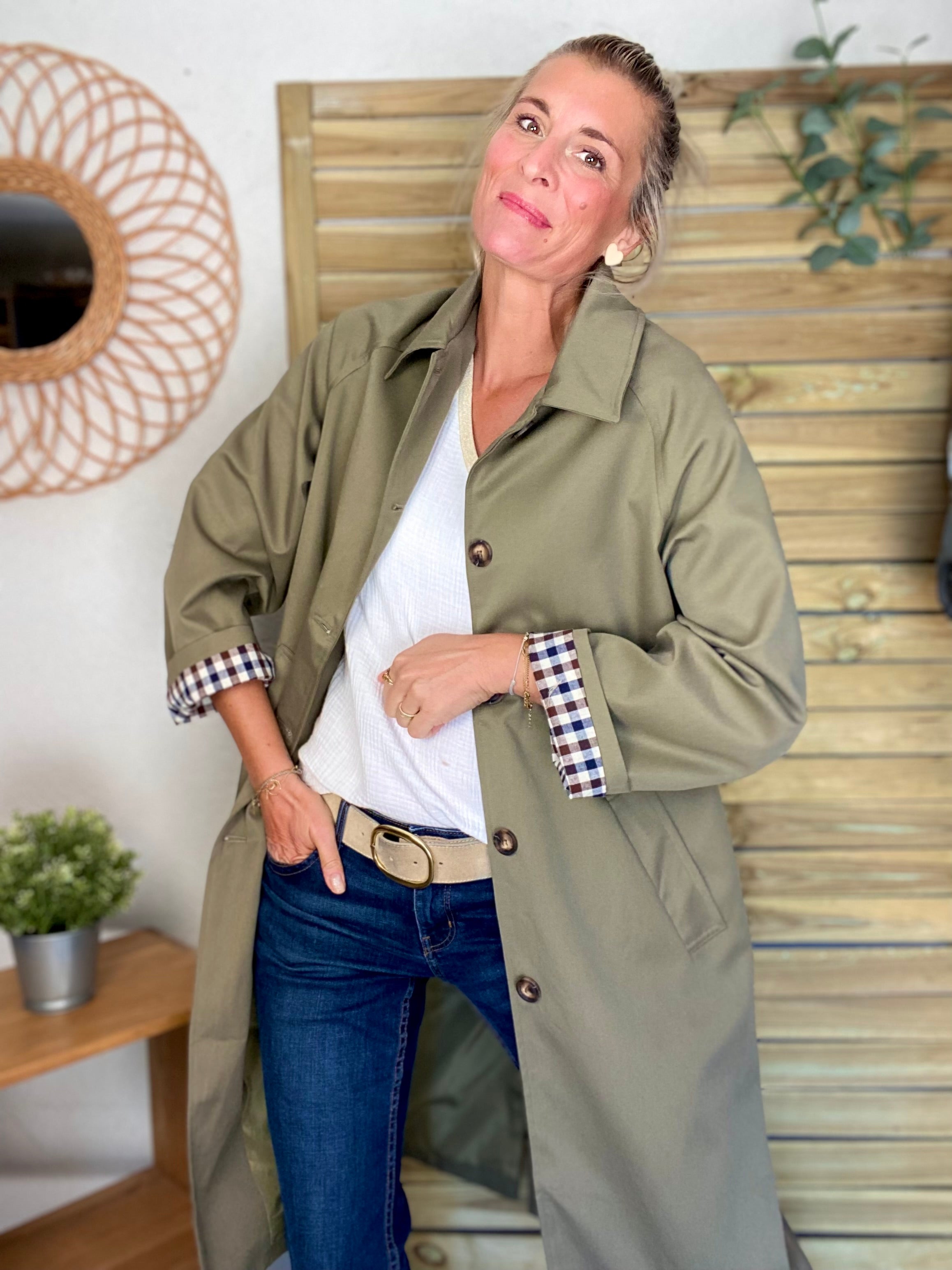 Veste Trench en coton avec vichy - YSEULT long Kaki