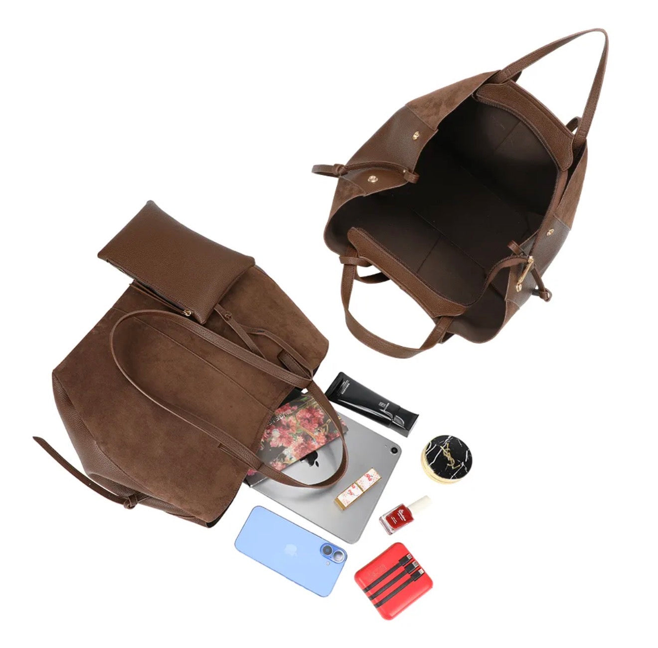 Grand Sac cabas 2 en 1 en simili daim - PAULE Chocolat