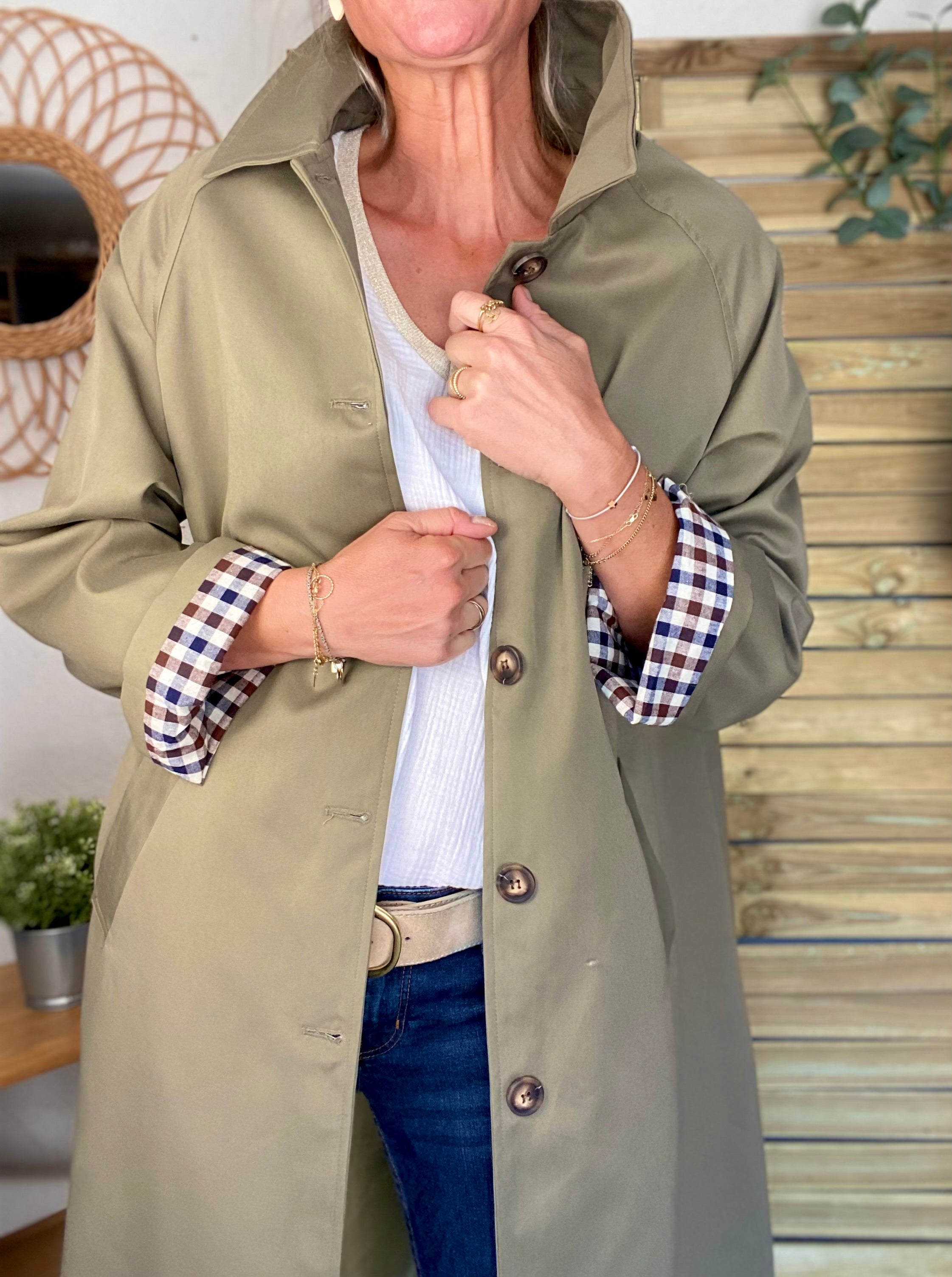 Veste Trench en coton avec vichy - YSEULT long Kaki