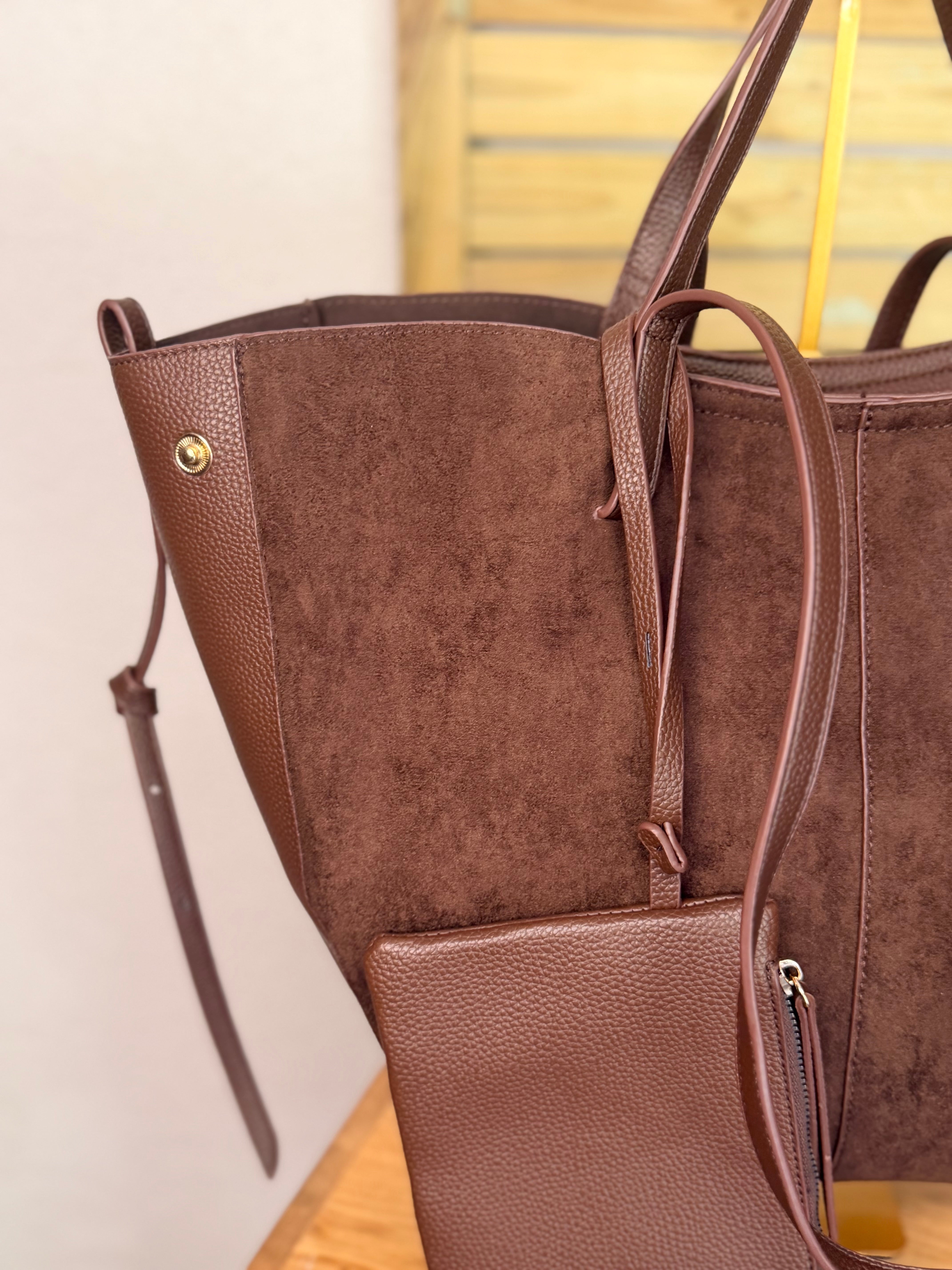 Grand Sac cabas 2 en 1 en simili daim - PAULE Chocolat