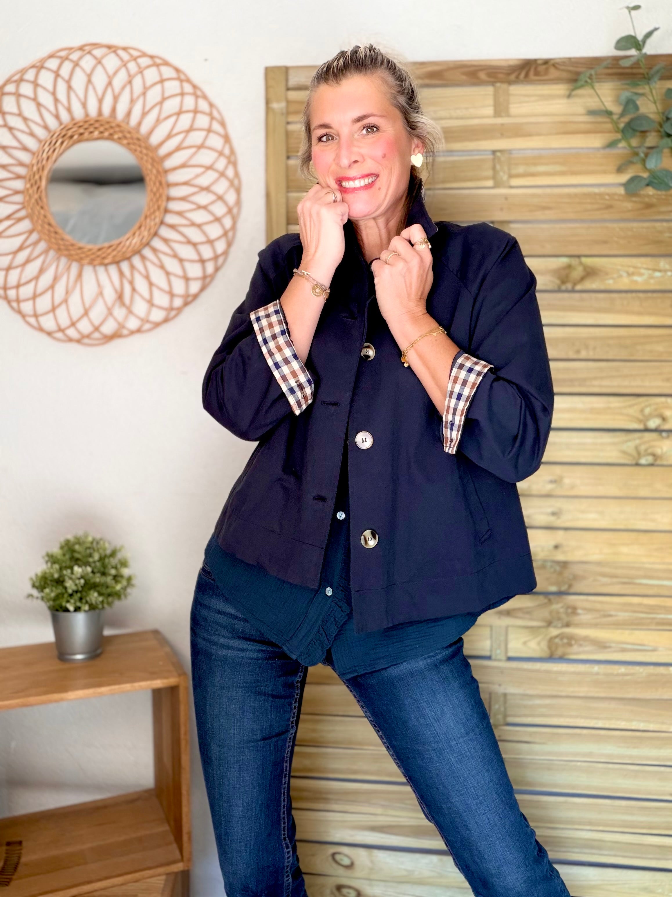 Veste Trench en coton avec carreaux - SOLÈNE Bleu marine