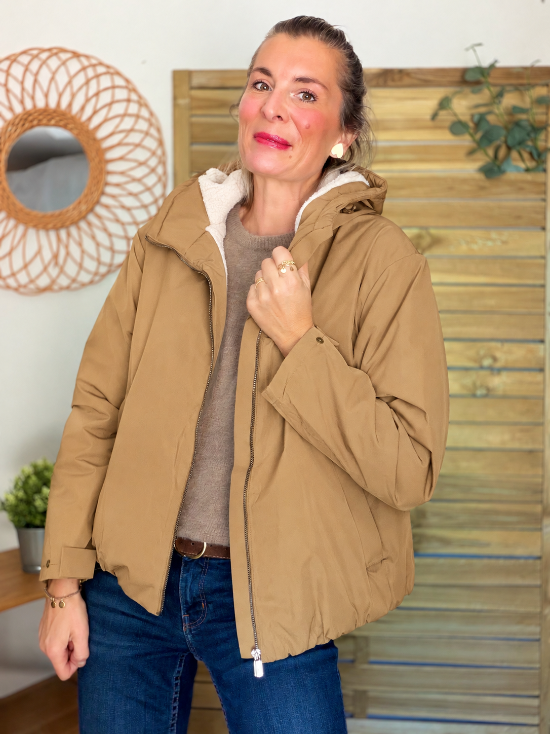 LAURA JO - Imperméable fourré sherpa EVA court - Camel