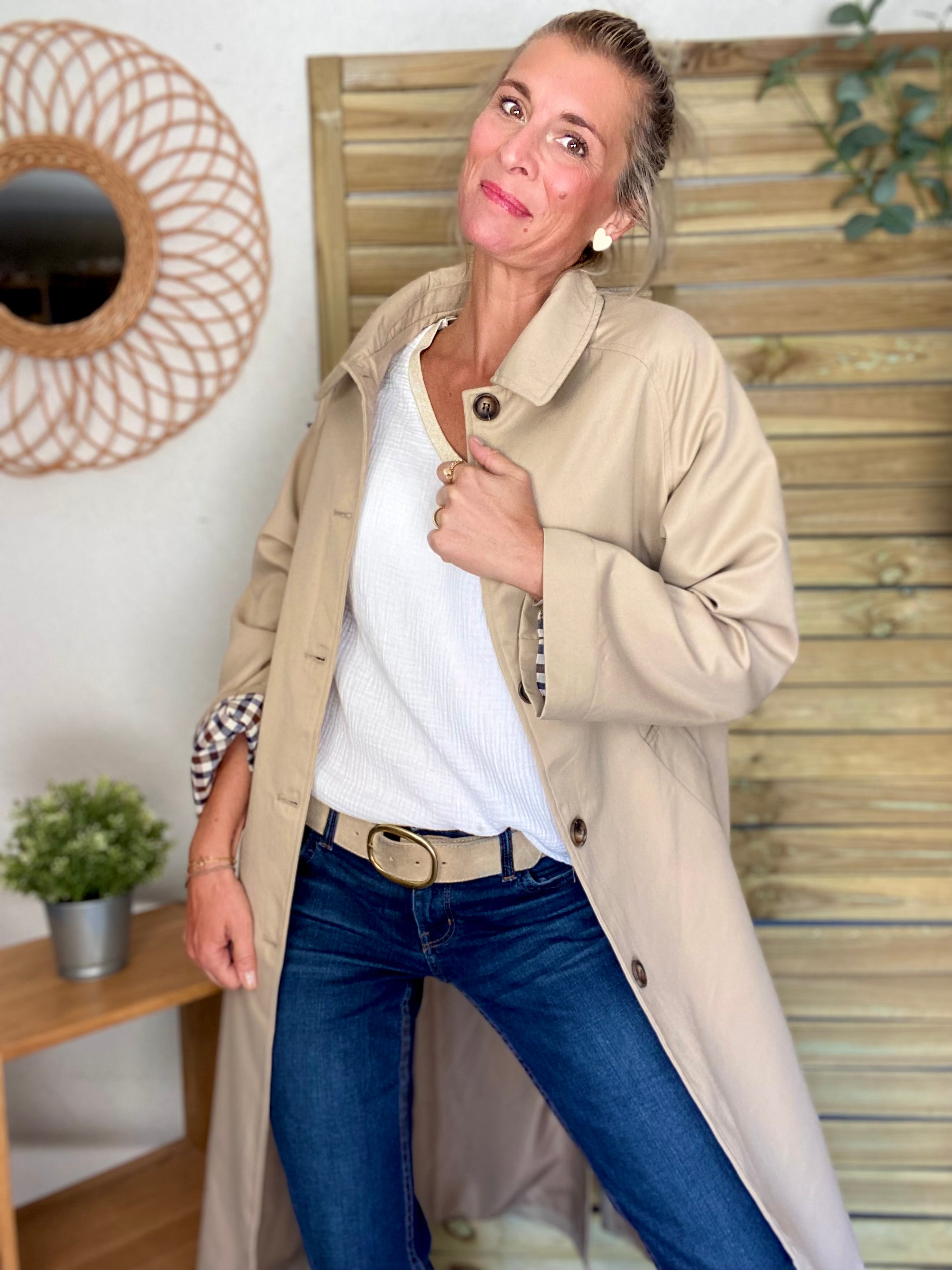 Veste Trench en coton avec vichy - YSEULT long Beige