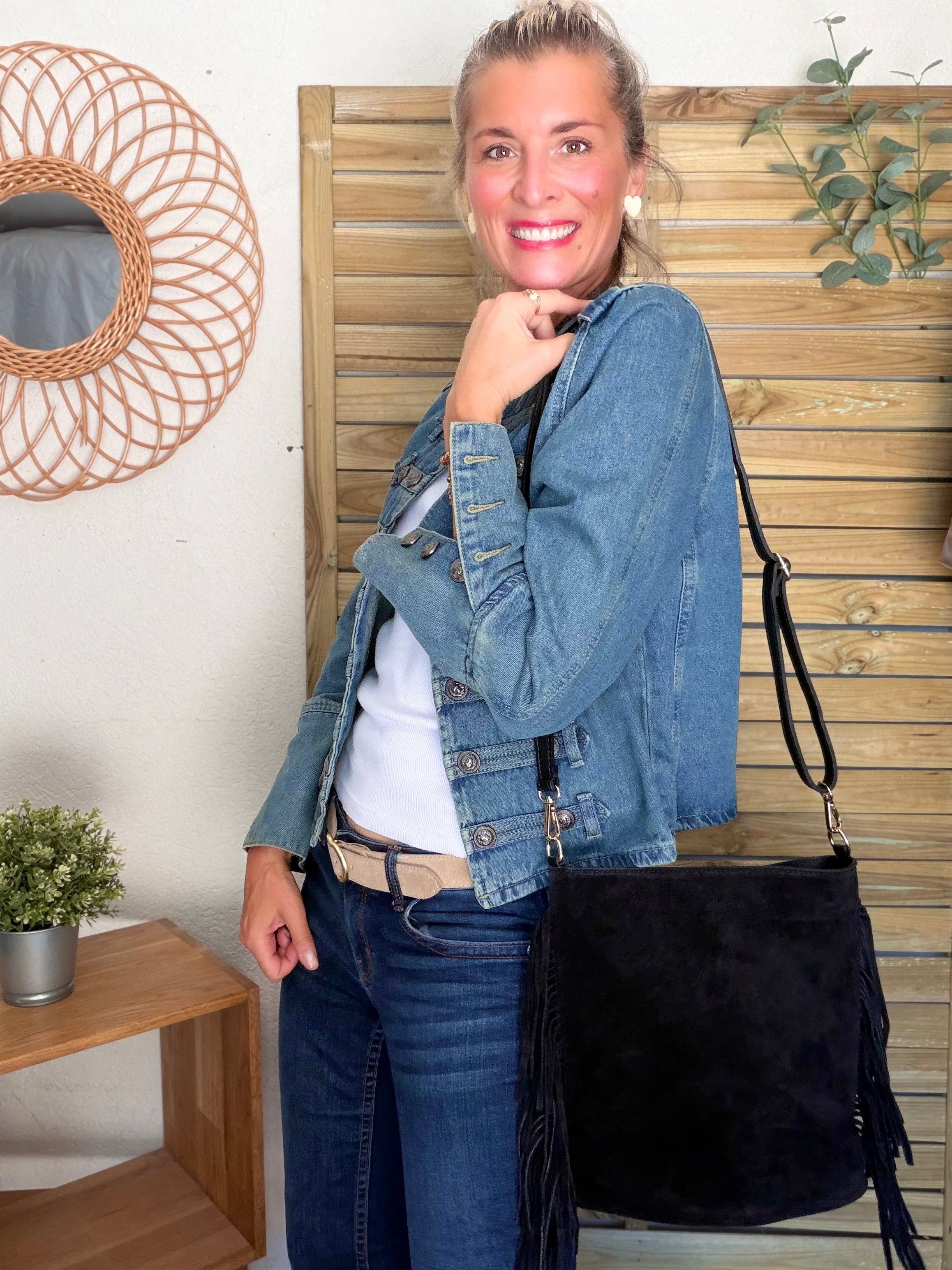 Sac seau en cuir daim avec franges KYLIE - Noir