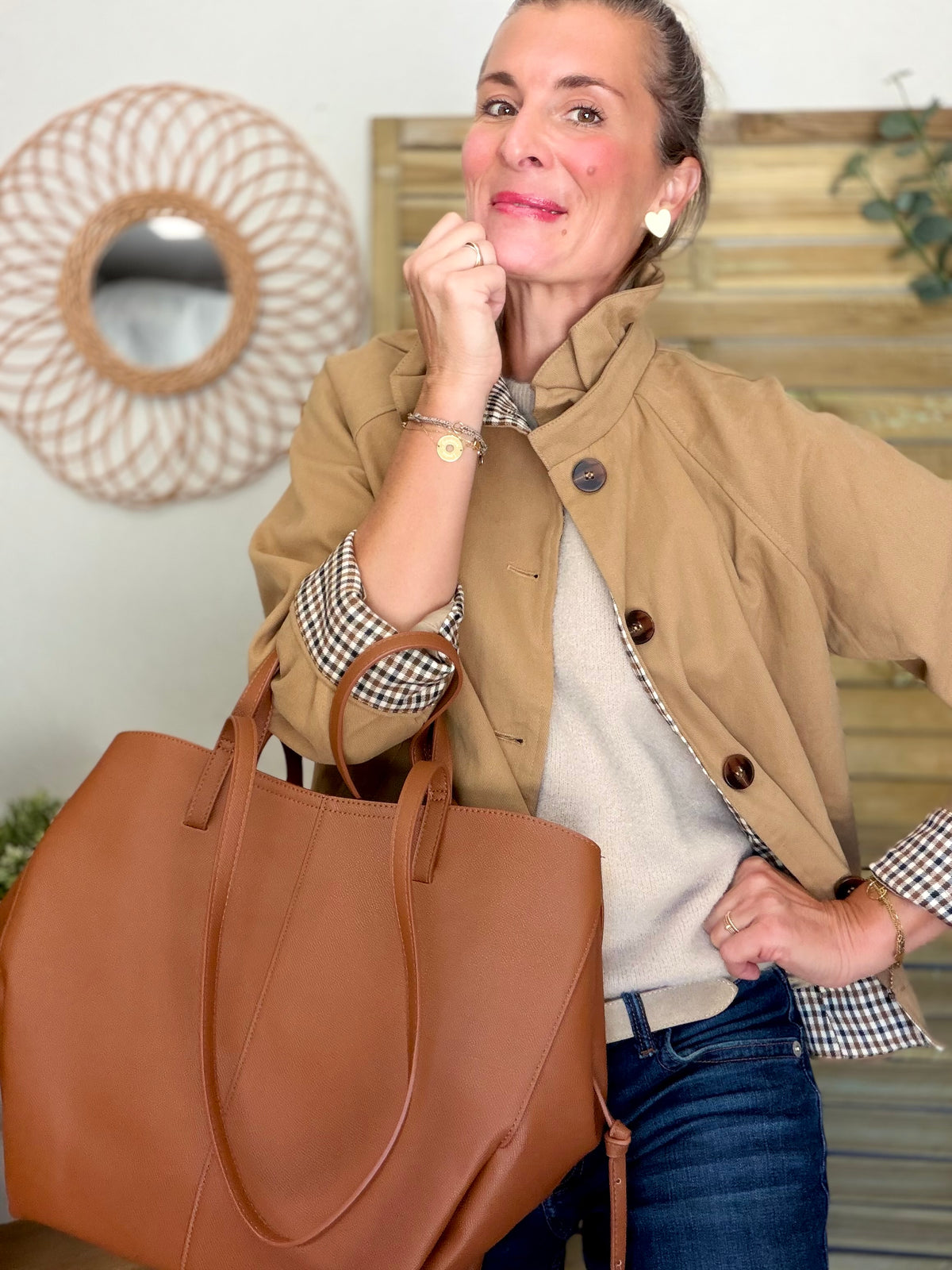 Grand Sac cabas 2 en 1 en simili cuir grainé - PAULE Camel grainé