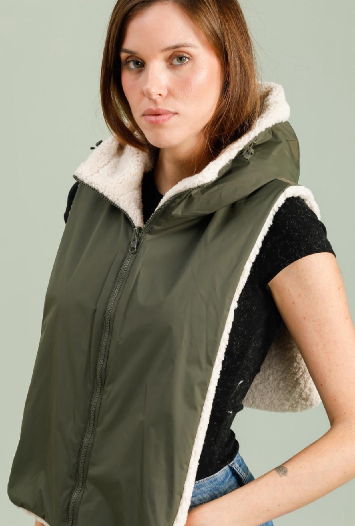 Col capuche amovible réversible TONY - LAURA JO - Kaki / Sherpa écru