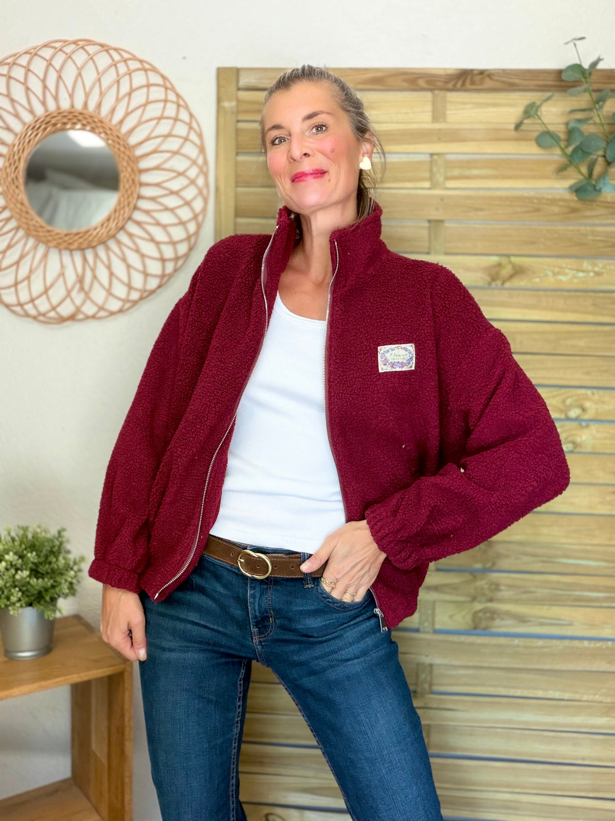 Veste Sherpa zippée LÉONIE Bordeaux