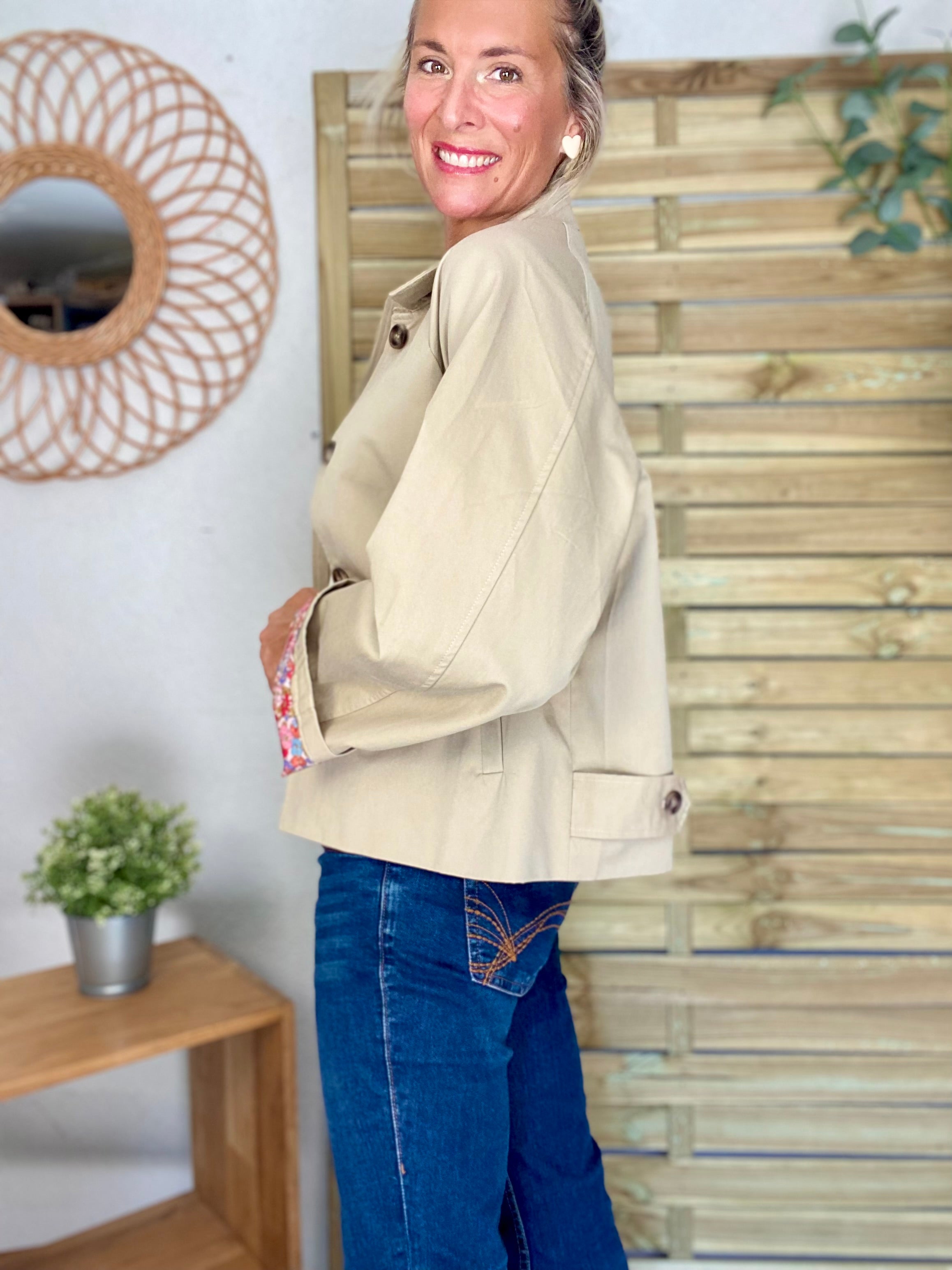 Veste Trench en coton beige avec Liberty - MAHAUT