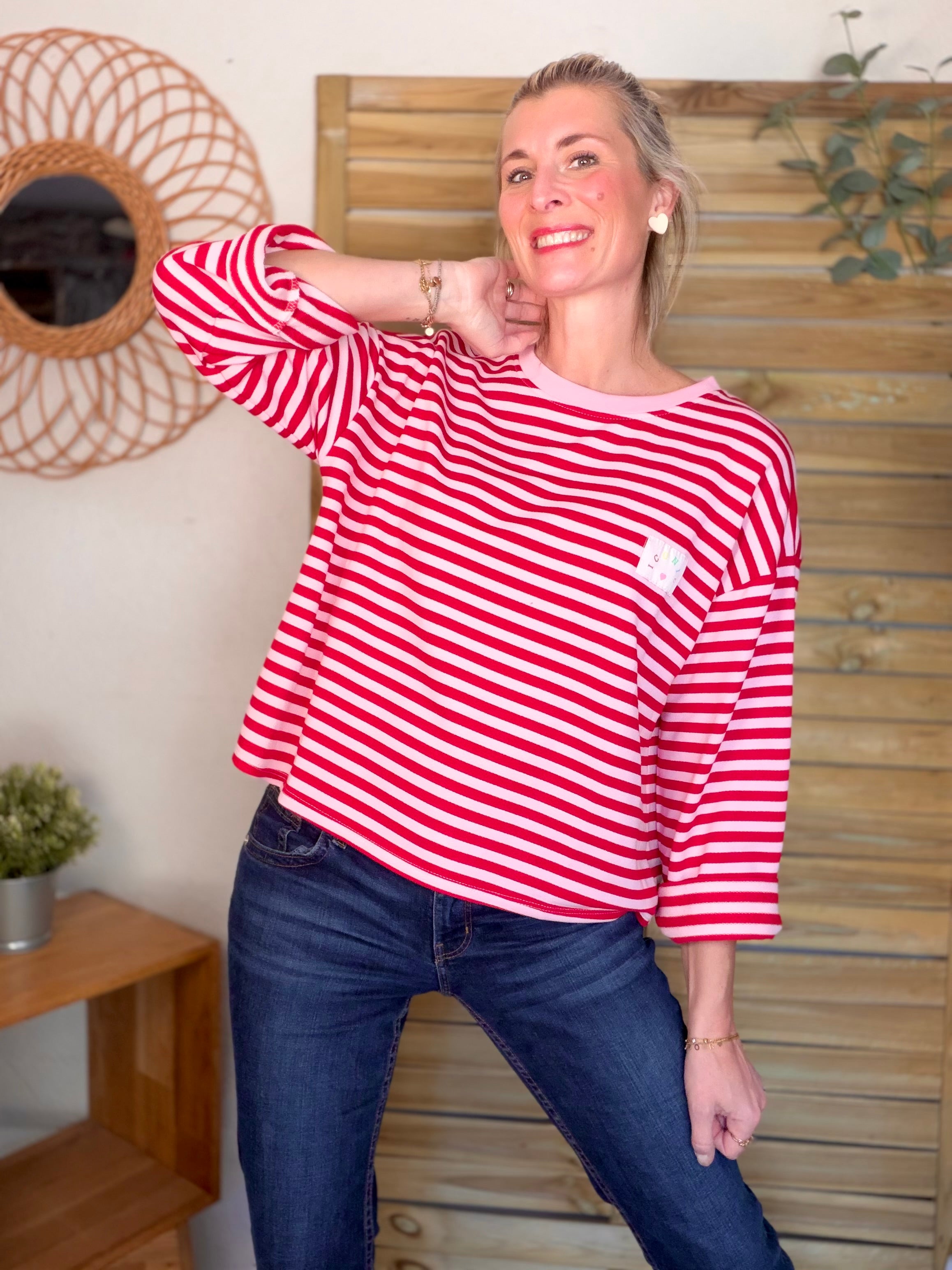 Sweat fin rayé ample Iconic CORALIE - Rouge / Rose