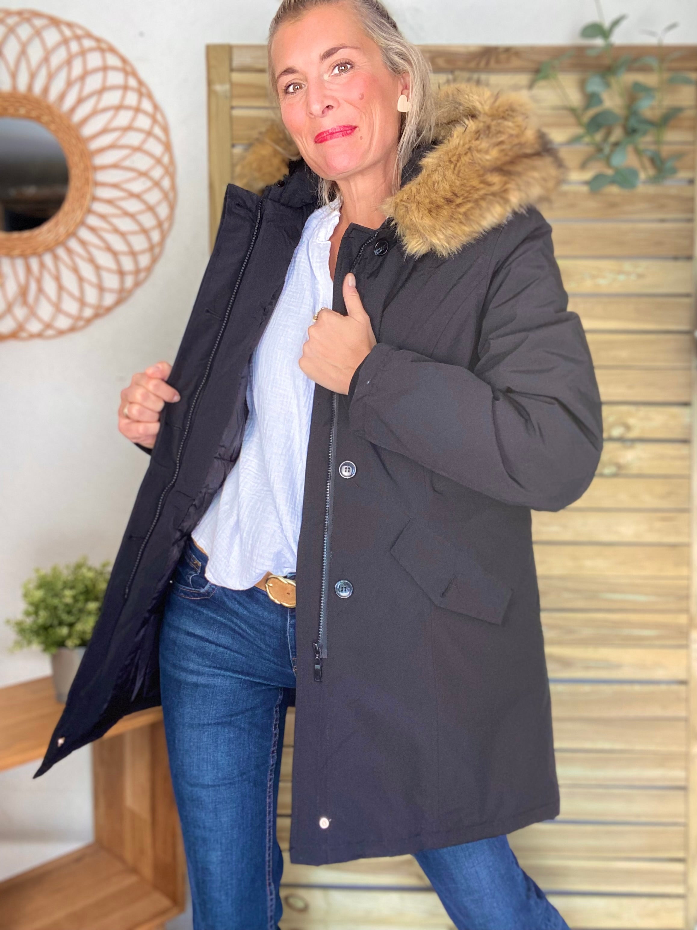 ⚡️ PÉPITES FRIDAY - Parka rembourrée déperlante noir, capuche col fourrure amovible - CHEYENNE