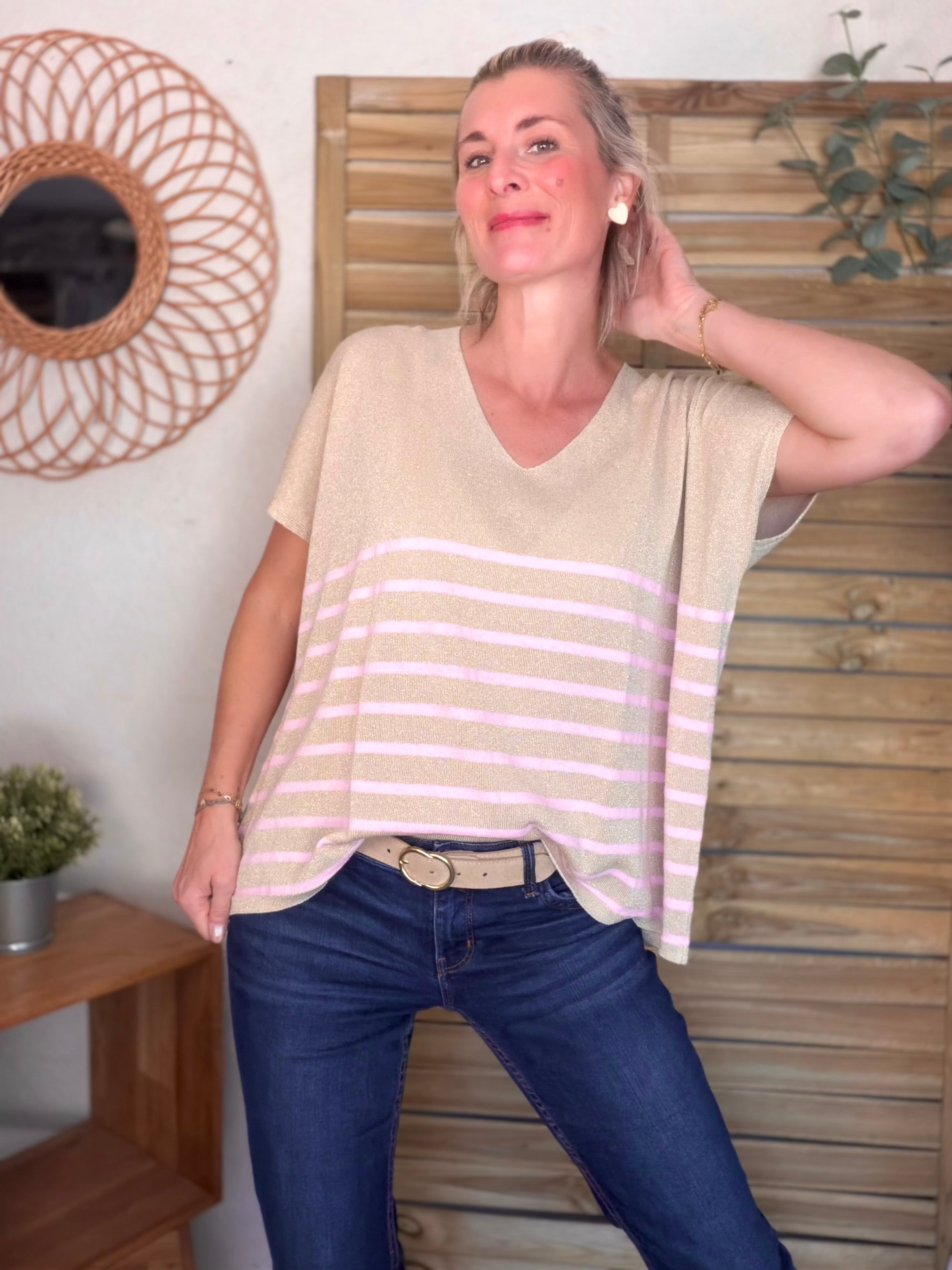 Top maille lurex col V IRINA Rose