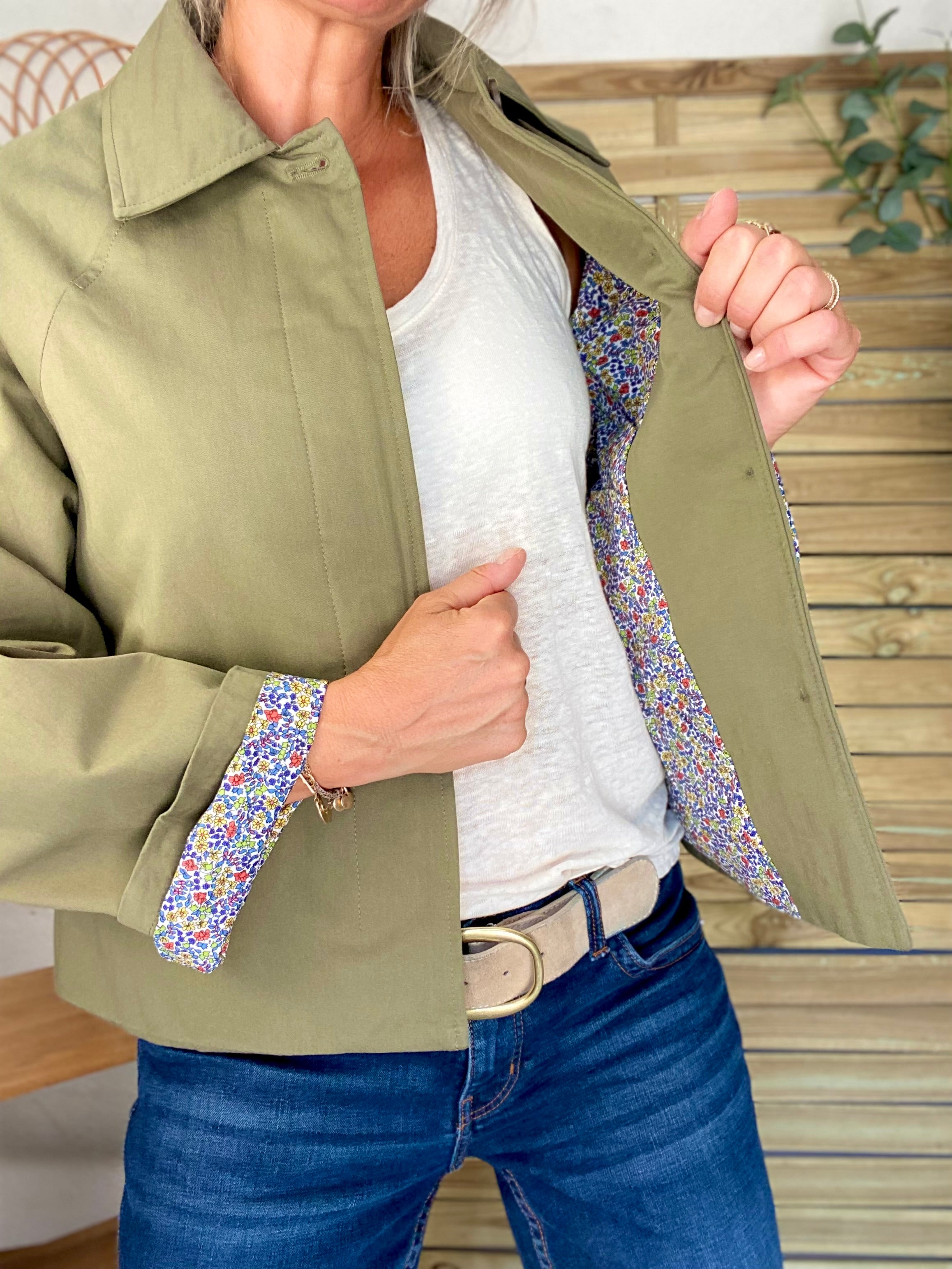 Veste Trench en coton kaki avec Liberty - MAHAUT