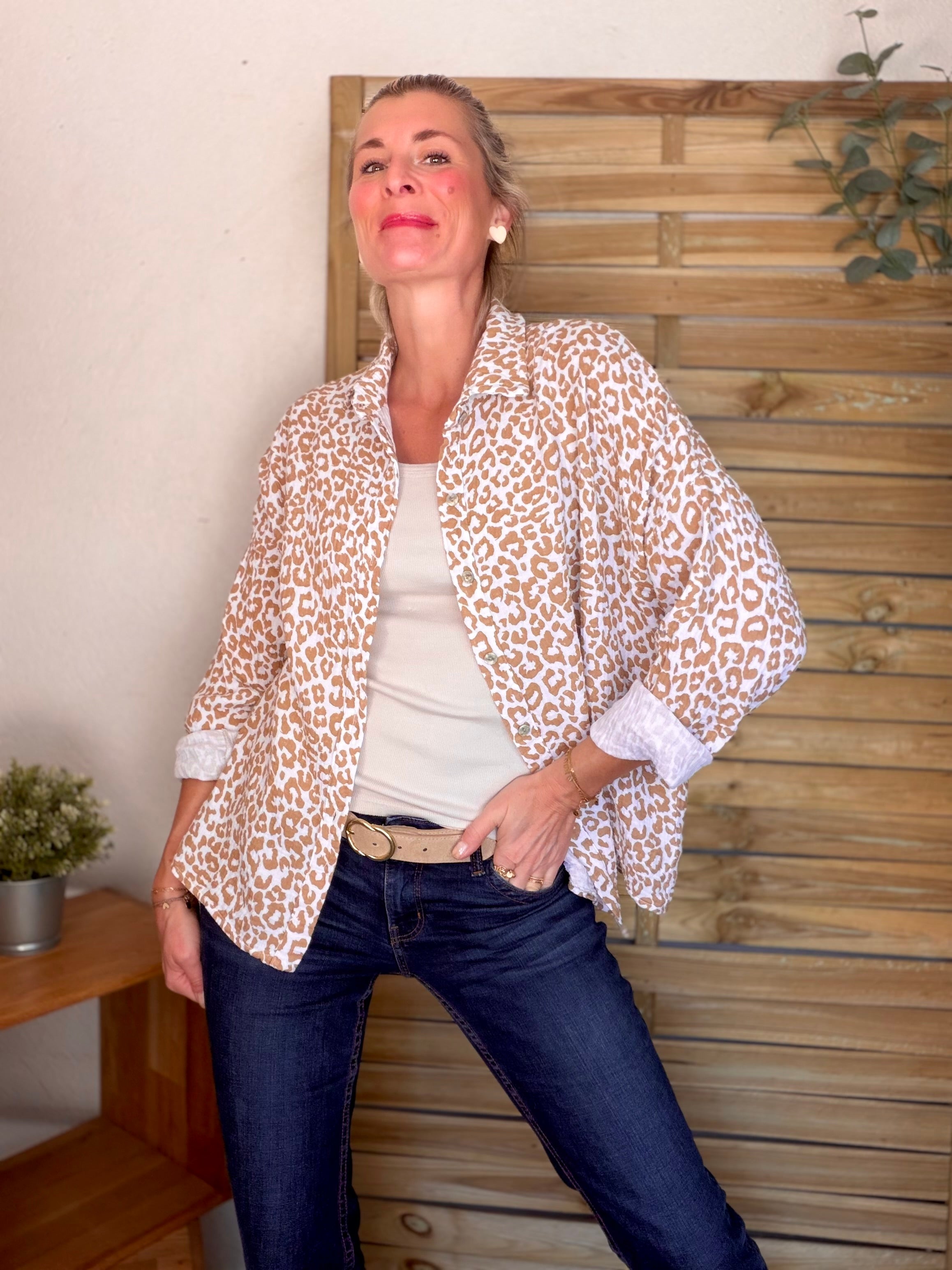 Chemise en gaze de coton imprimé Léo MARCIA - Camel