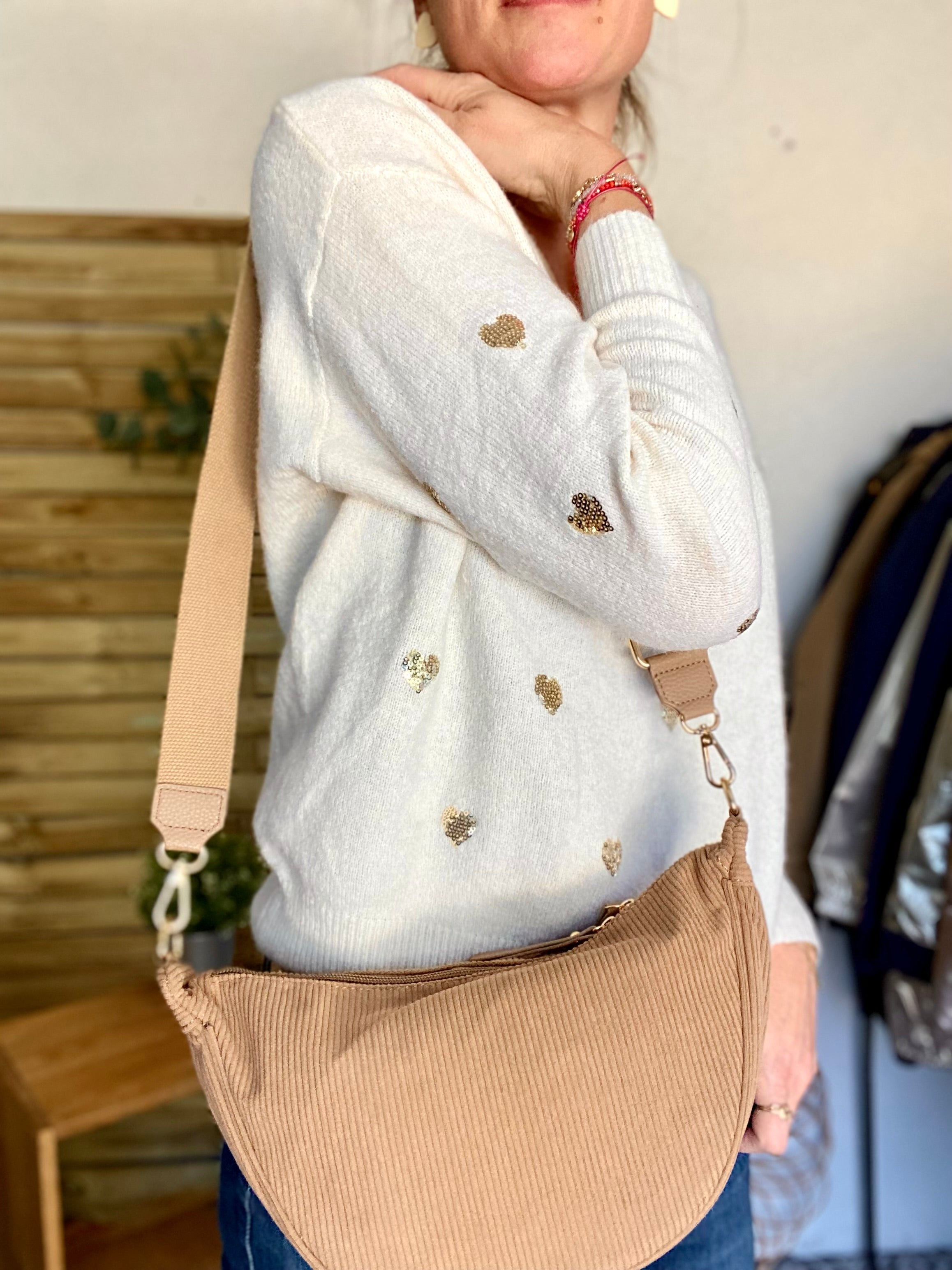 Sac besace demi-lune XL velours côtelé - AMY - Taupe foncé