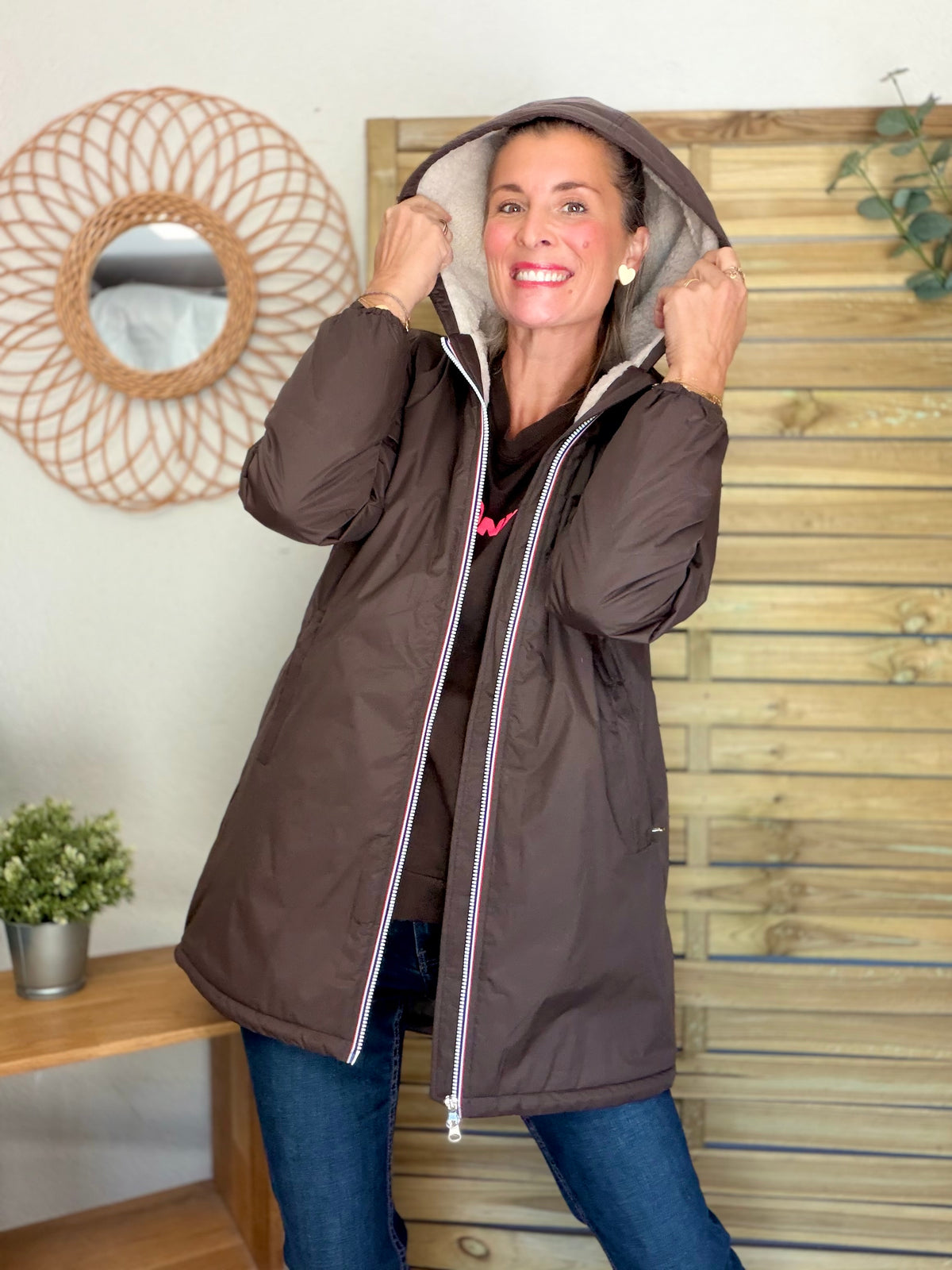 LAURA JO - Parka Imperméable LOUISE LONG Sherpa écru - Chocolat