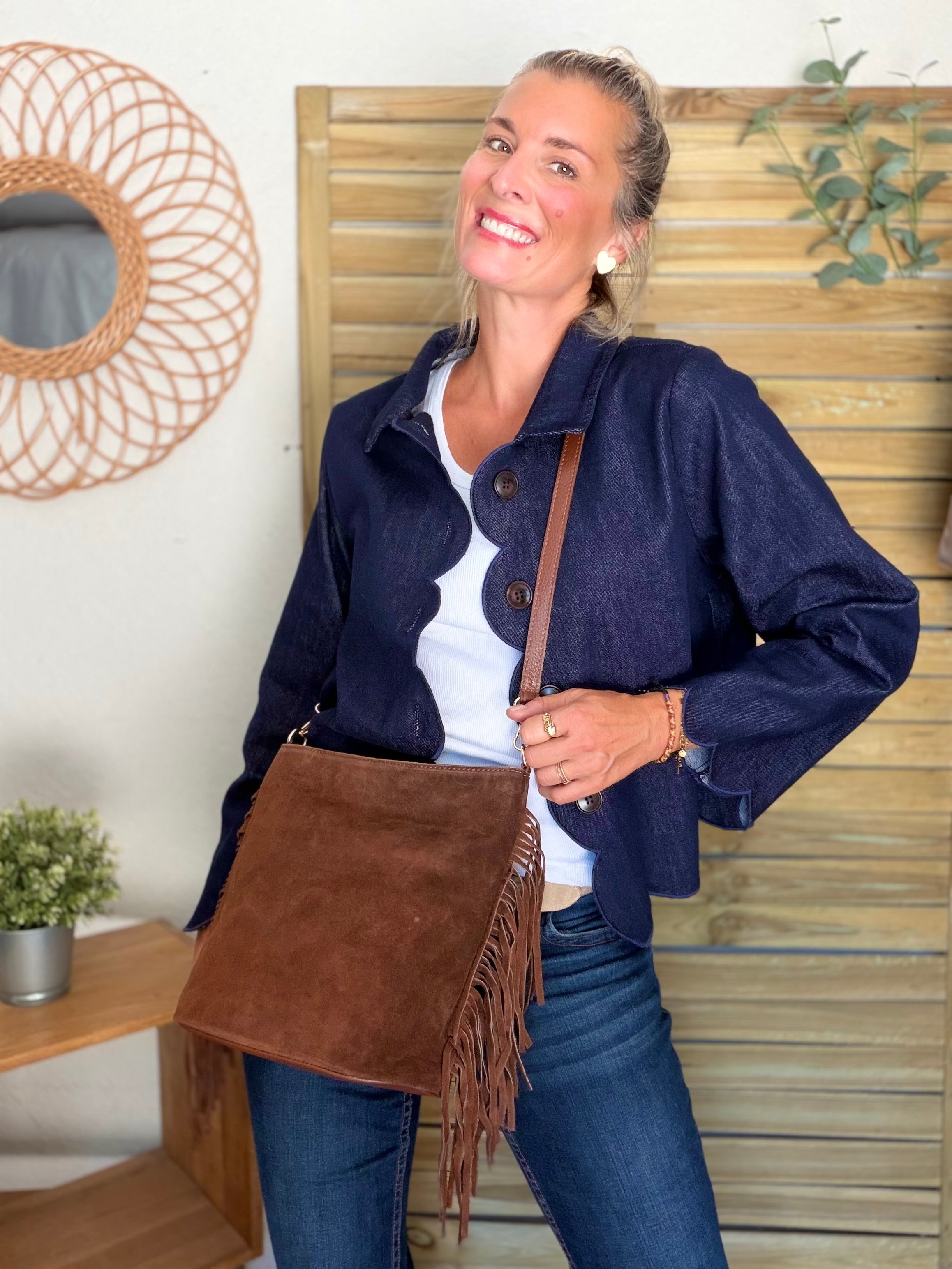 Sac seau en cuir daim avec franges KYLIE - Camel foncé (Café)