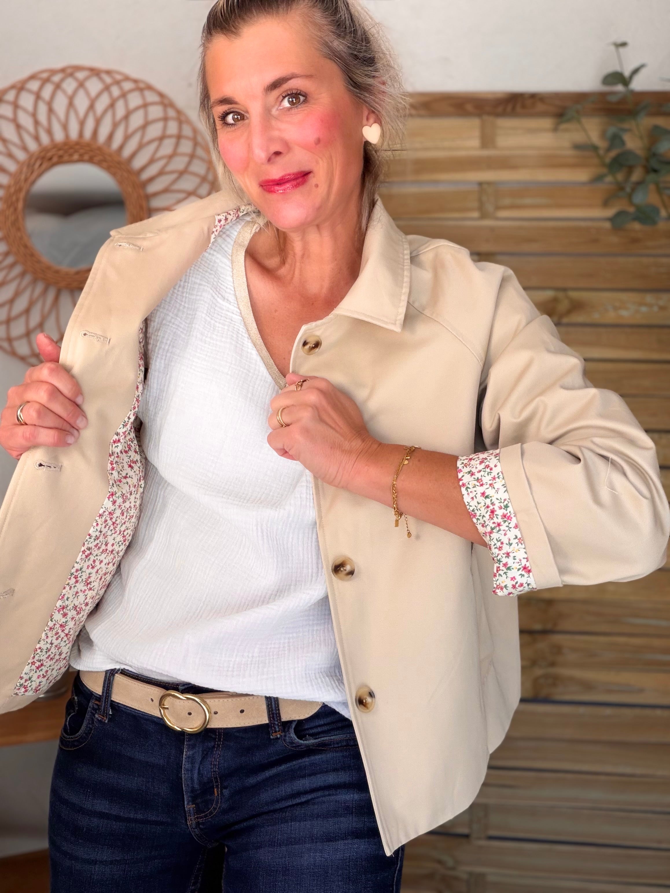 Veste Trench en coton avec Liberty - JOHAN Beige
