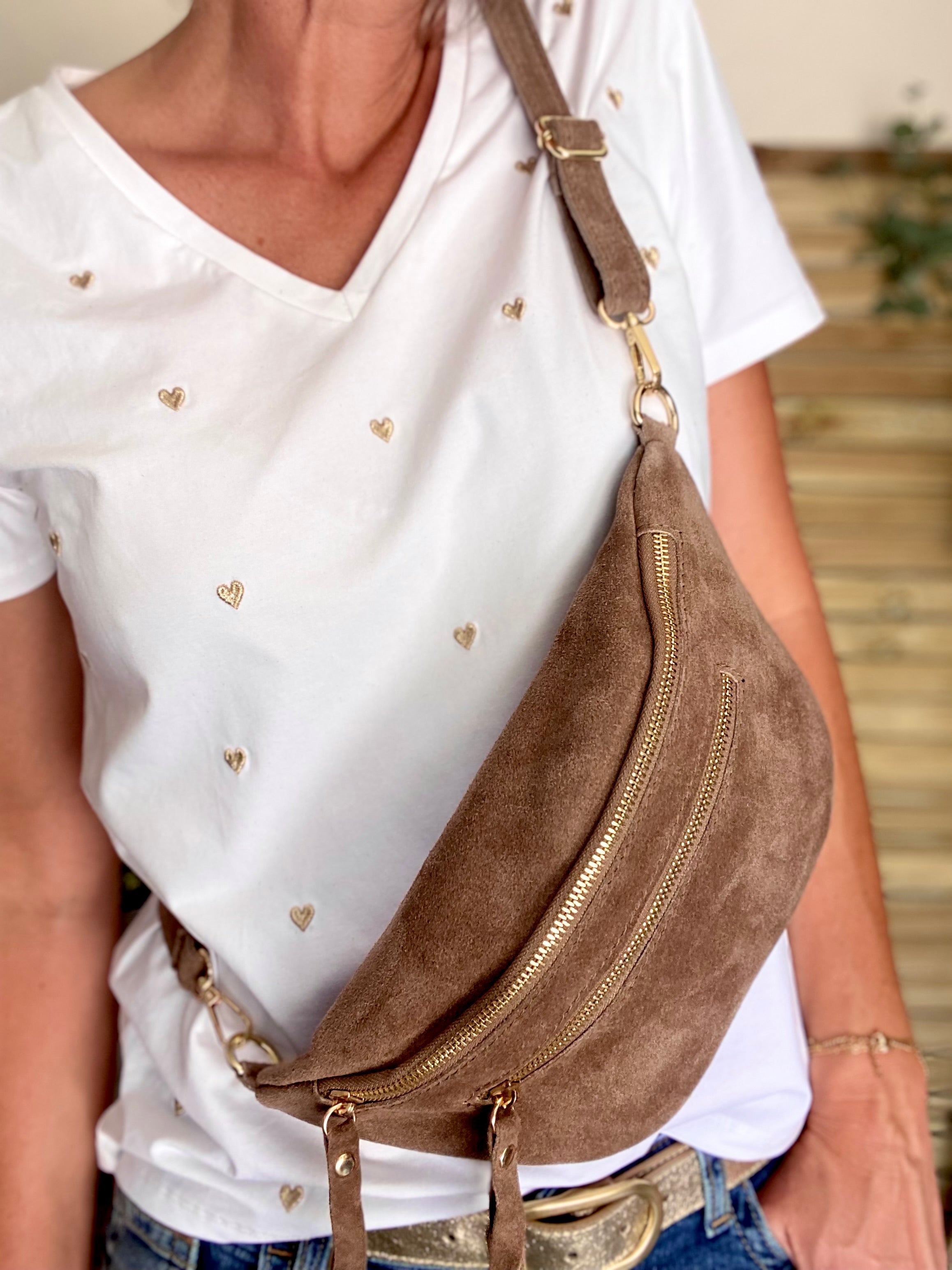 Sac banane avec poche avant, en cuir daim HOLLY - Beige taupe foncél