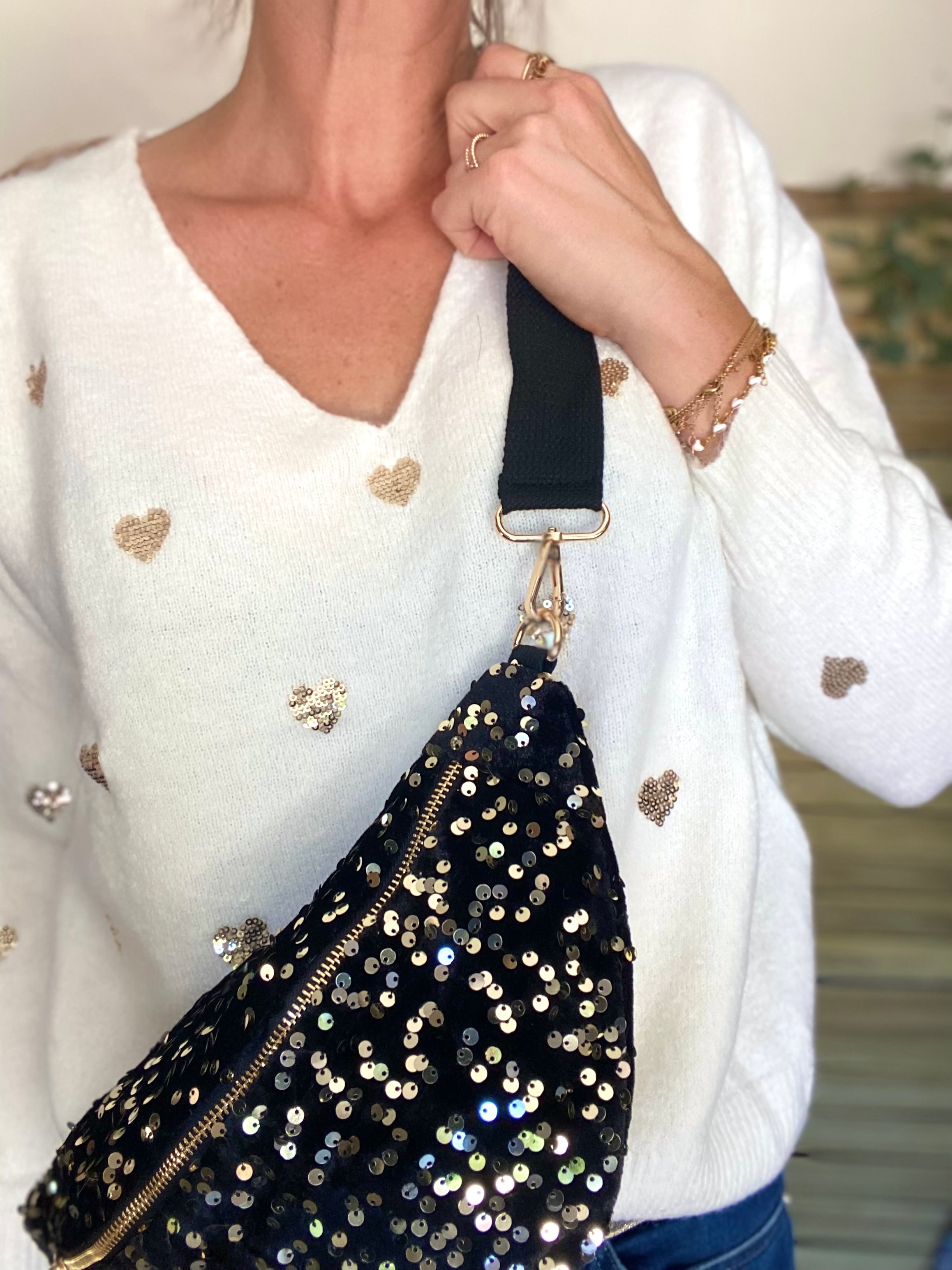 Sac banane L velours à sequins Ciao Boum - TAYLOR - Noir à sequins dorés