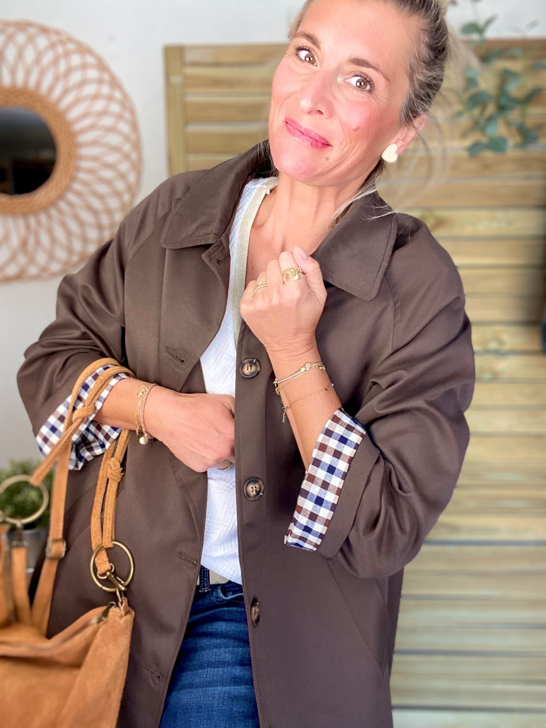 Veste Trench en coton avec vichy - YSEULT long Chocolat