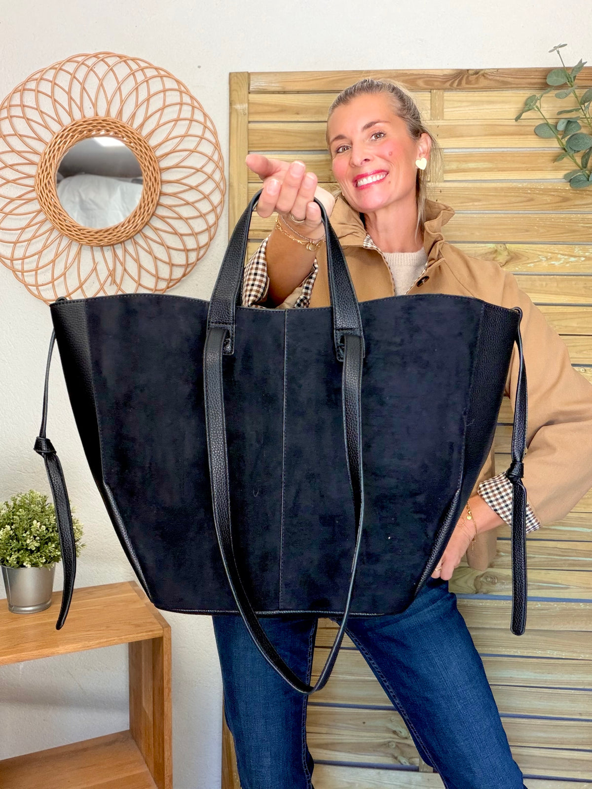 Grand Sac cabas 2 en 1 en simili daim - LAURÈNE Noir