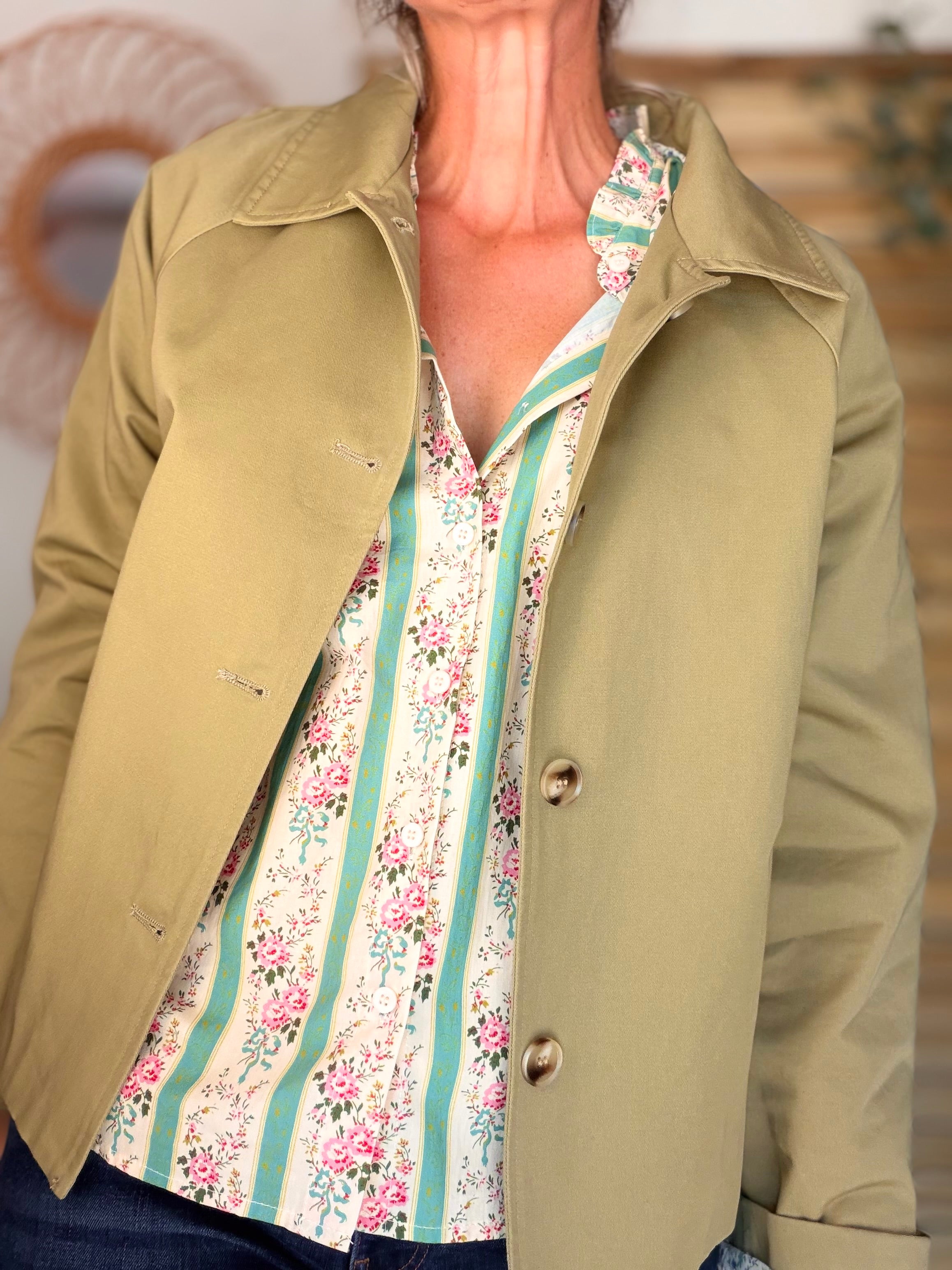 Blouse fleurie rayures VALENTINE vert céladon