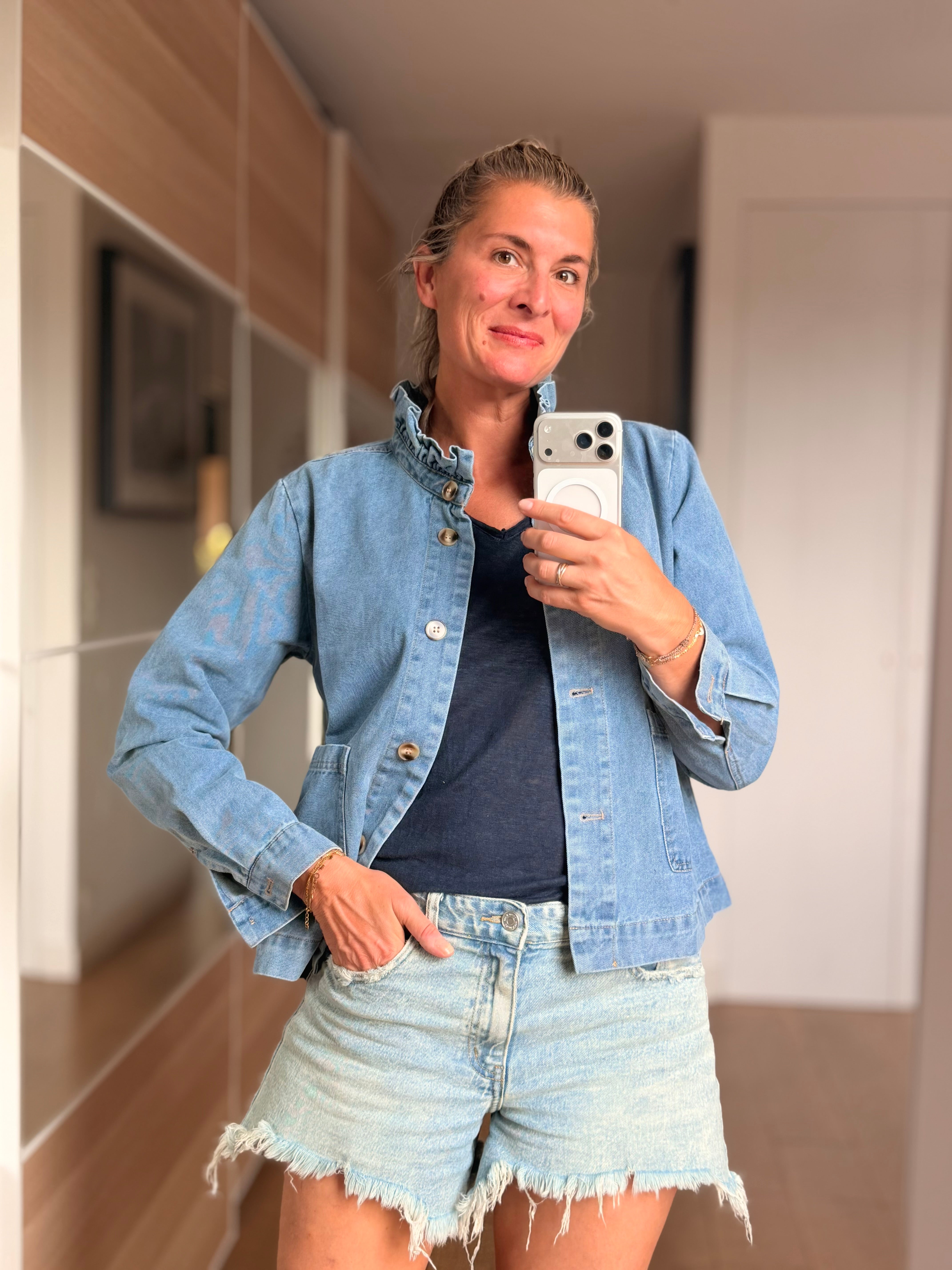 Veste courte légère col volanté JUNON Jean clair