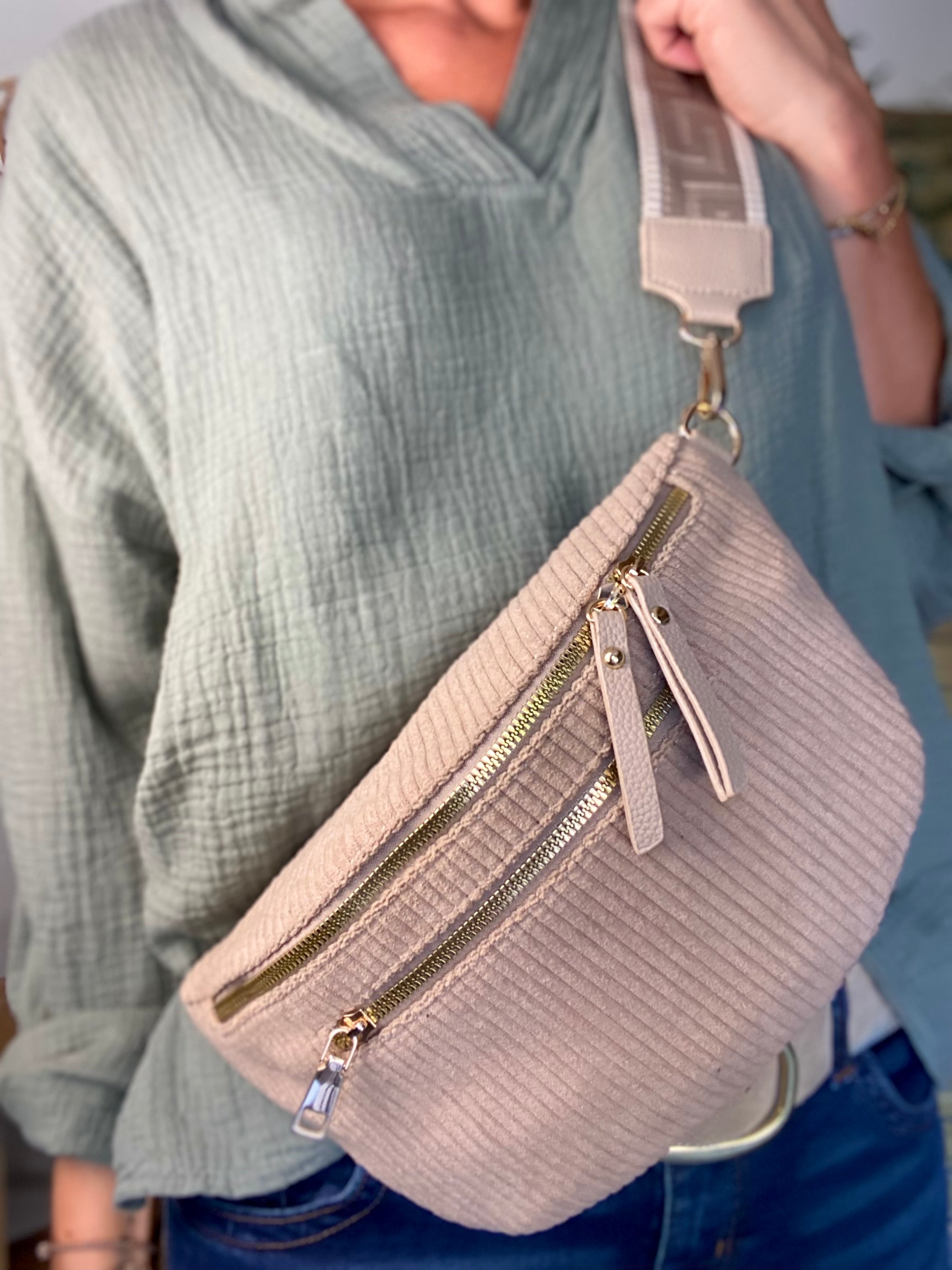 Sac banane L en velours côtelé 2 zips et sangle fantaisie - ASHLY - Beige taupe (côtelé large)