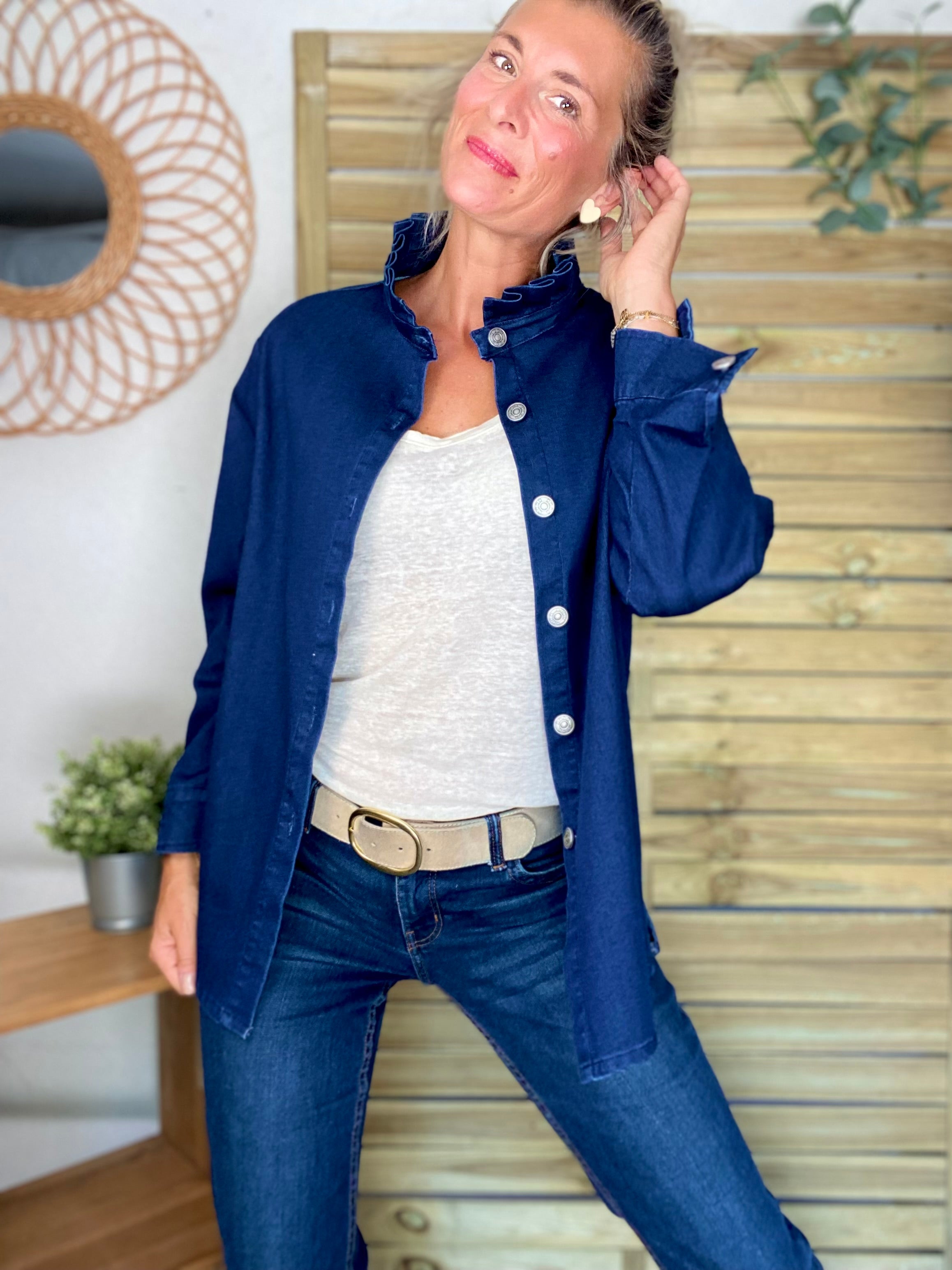 Veste / Chemise en coton, col volanté Bleu Jean LISON