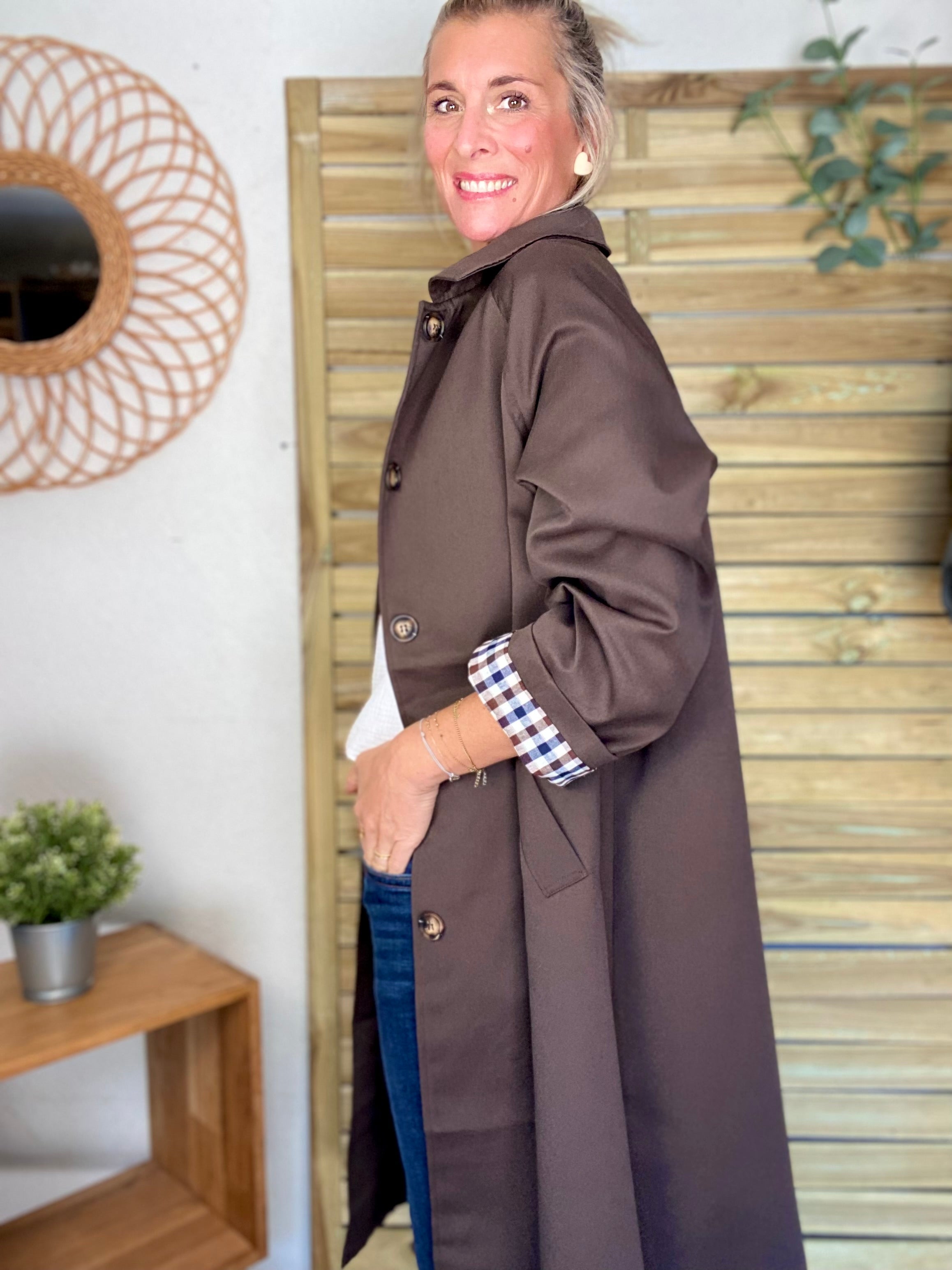 Veste Trench en coton avec vichy - YSEULT long Chocolat