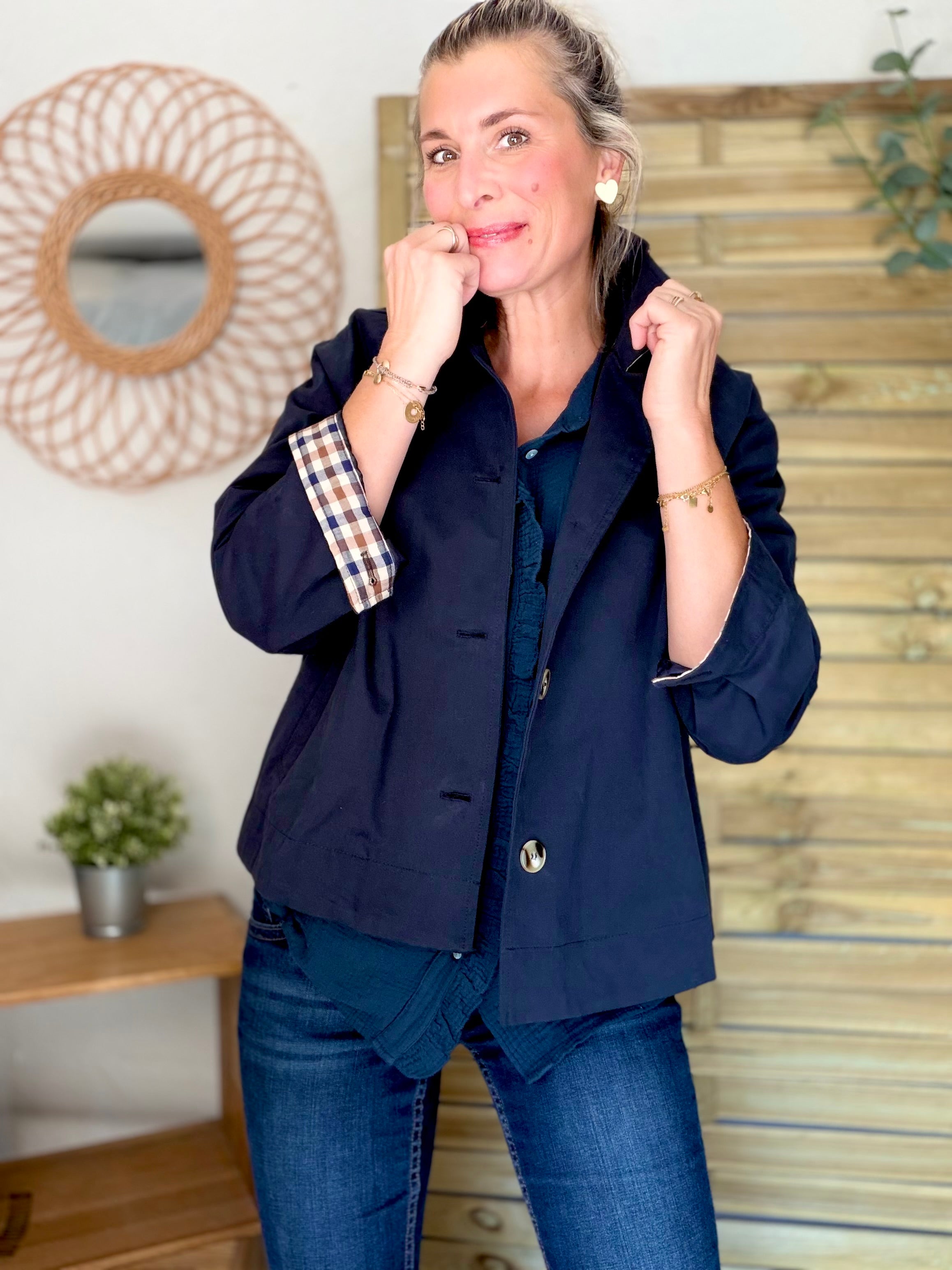 Veste Trench en coton avec carreaux - SOLÈNE Bleu marine