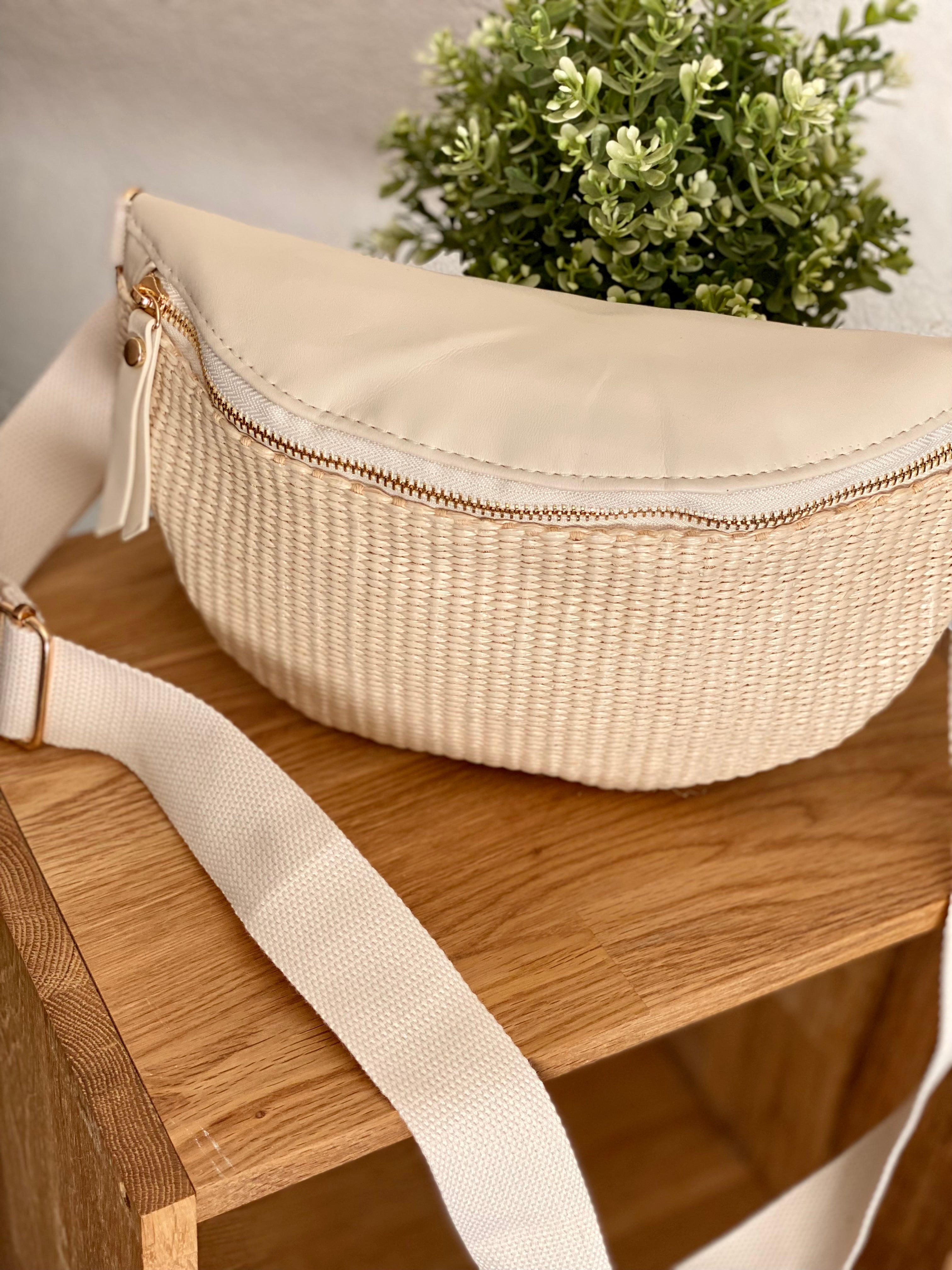 Sac banane bi-matière effet paille - DOLLY Atelier Paname - Beige clair / écru  (format L) - FIN DE SÉRIE