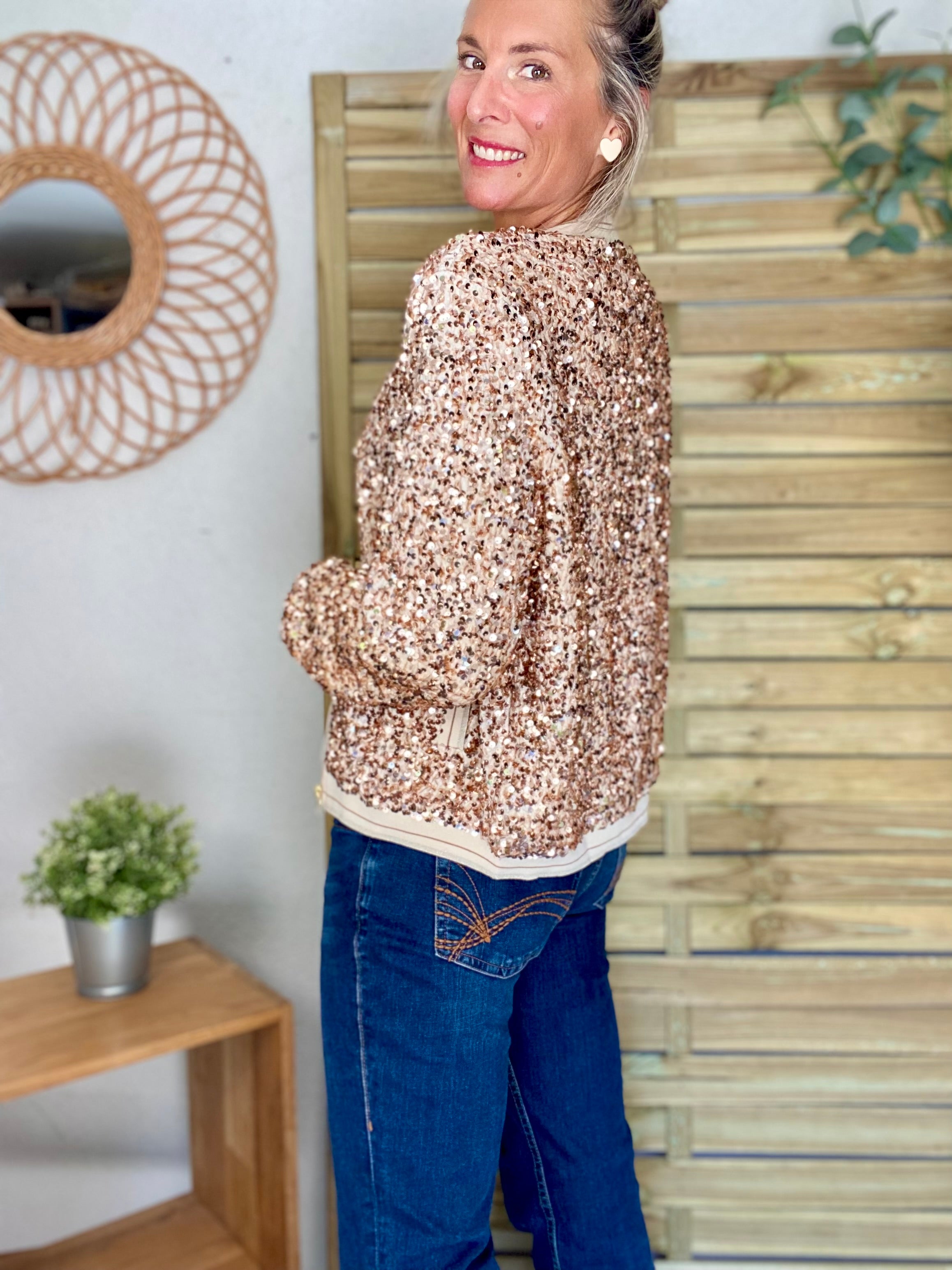 Veste bombers beige avec sequins Rose Gold KIM