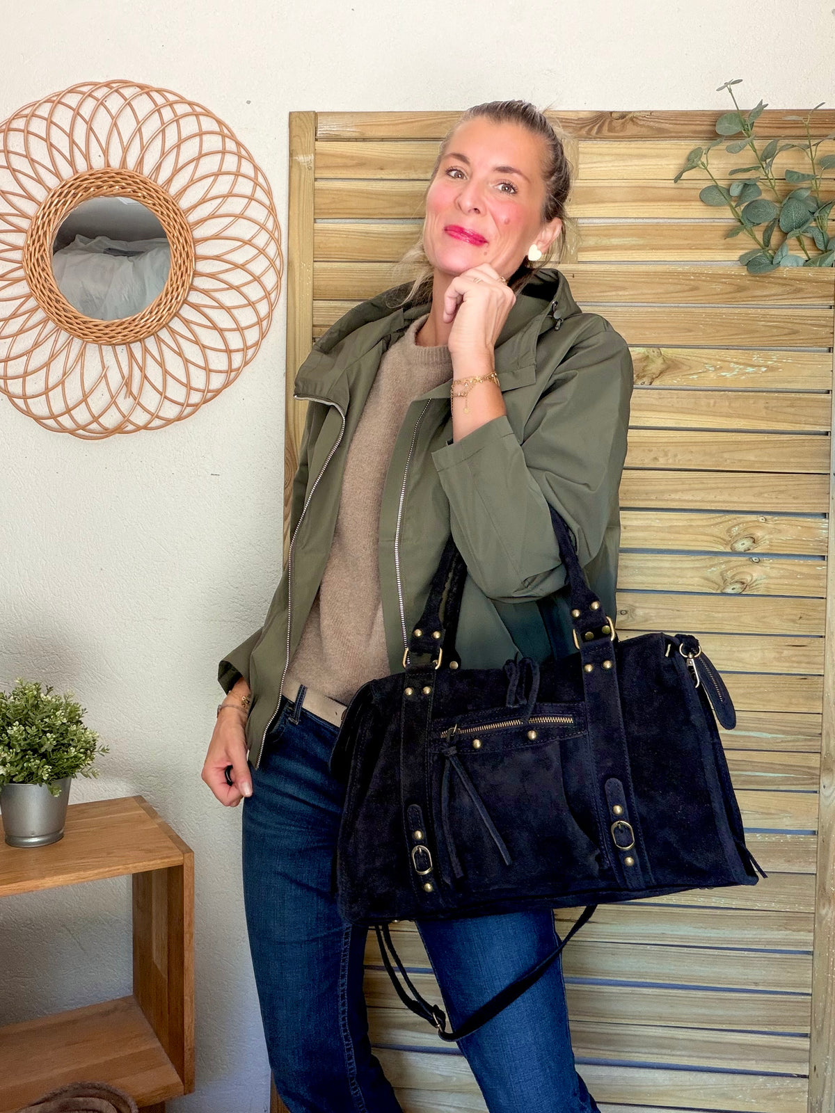 Sac cabas XL en cuir daim • HUNTER Noir